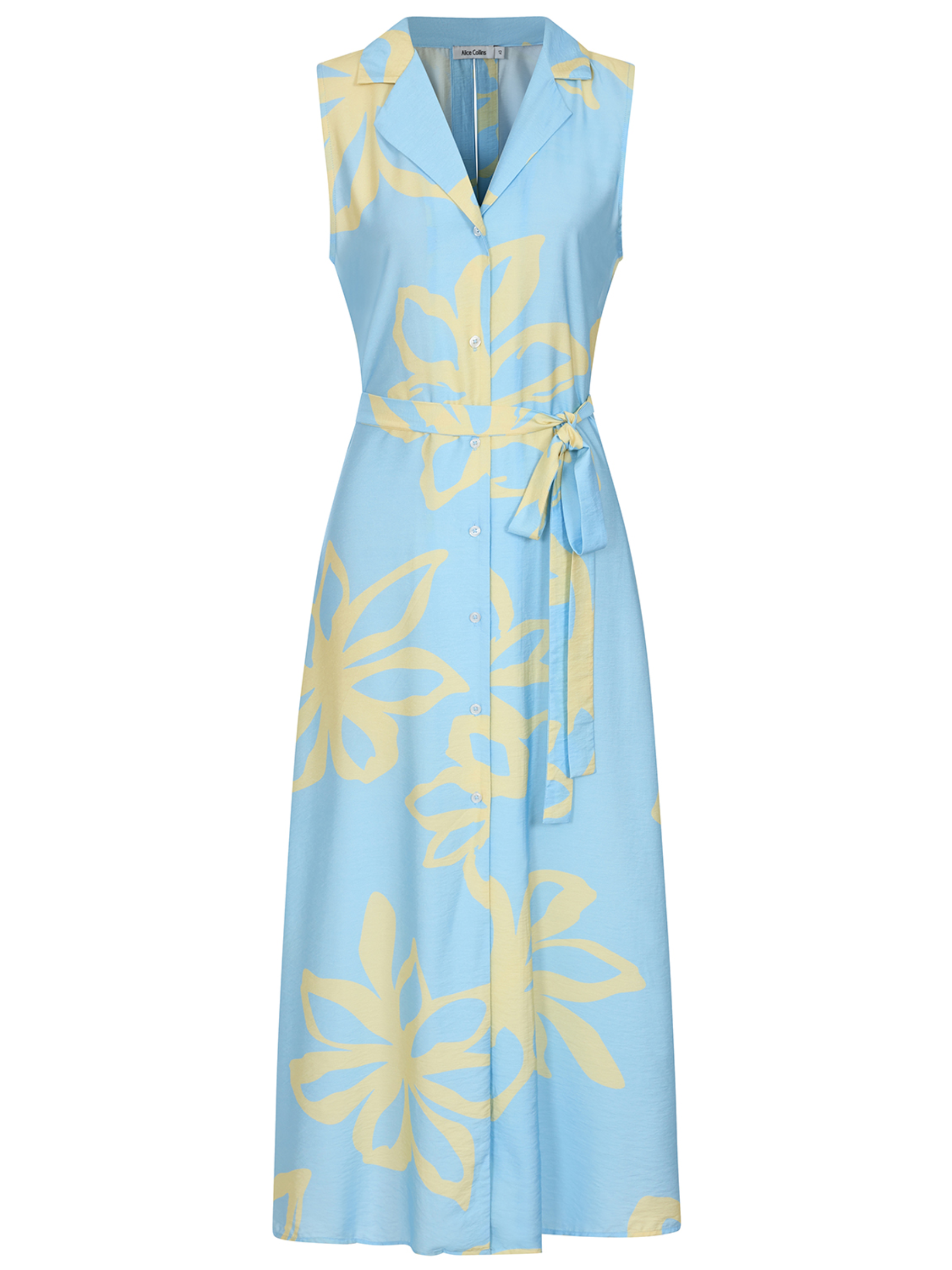 Alice Collins 036S272 Mairi Dress with collar neckline, sleeveless design, tie waist and partial button front.
