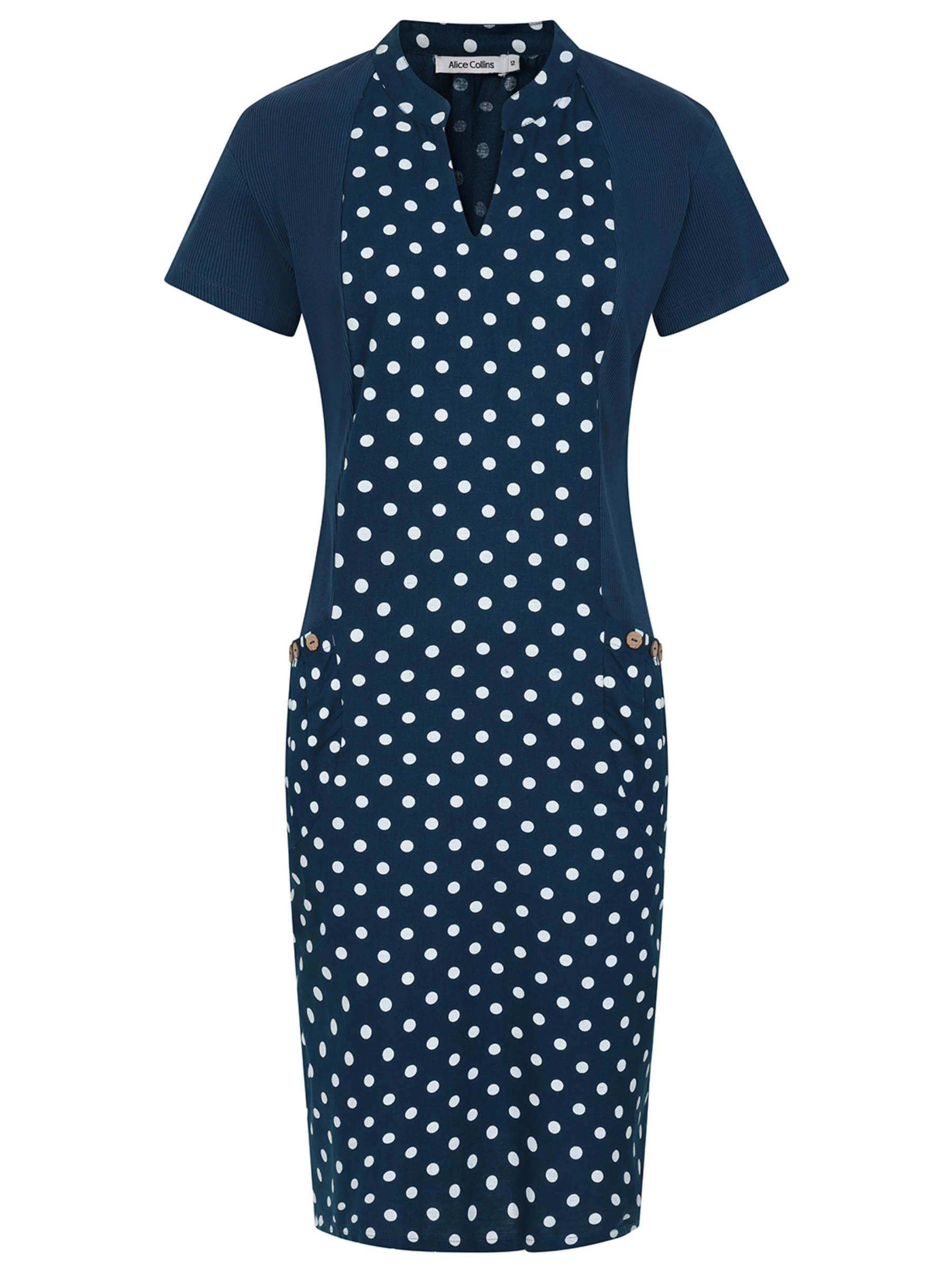 Alice Collins 036S310 Hettie Notch Neck Dot Print Dress with notch neckline, dot print and practical pockets.