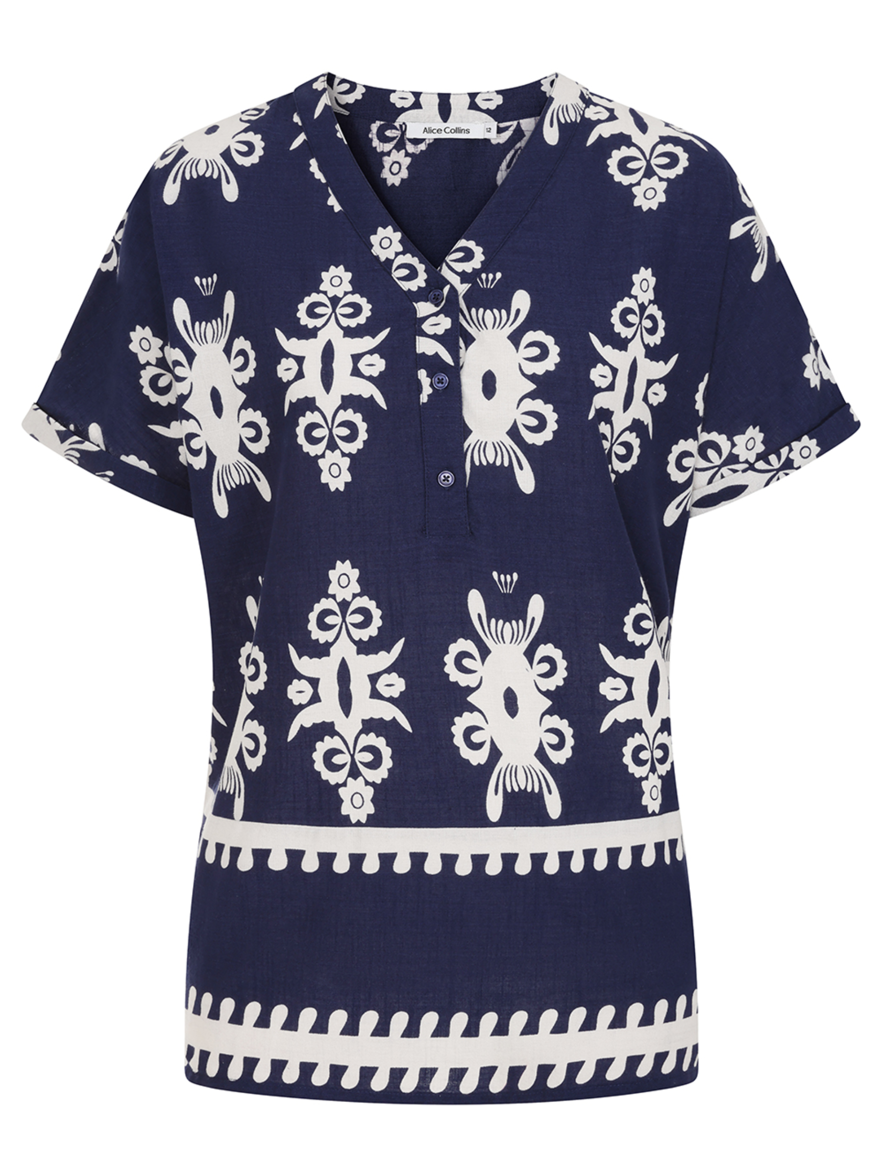 Alice Collins 036S456 Athena Shirt with printed design, button placket neckline and short sleeves.