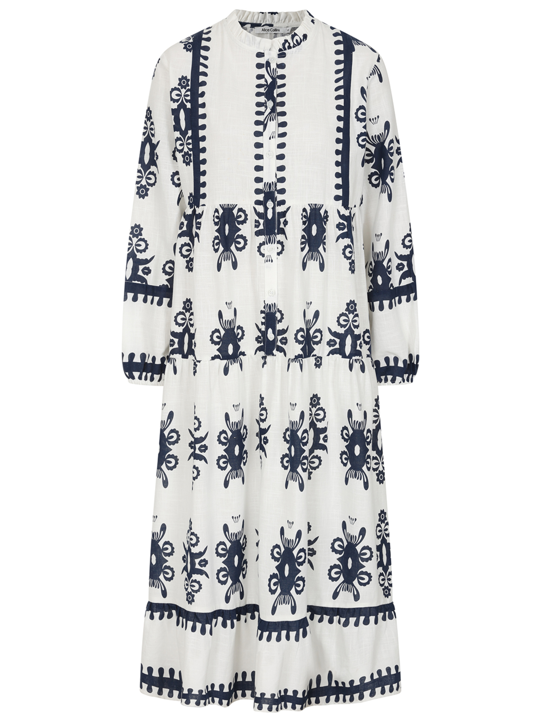 Alice Collins 036S460 Athena dress with printed design, tiered silhouette and long sleeves.