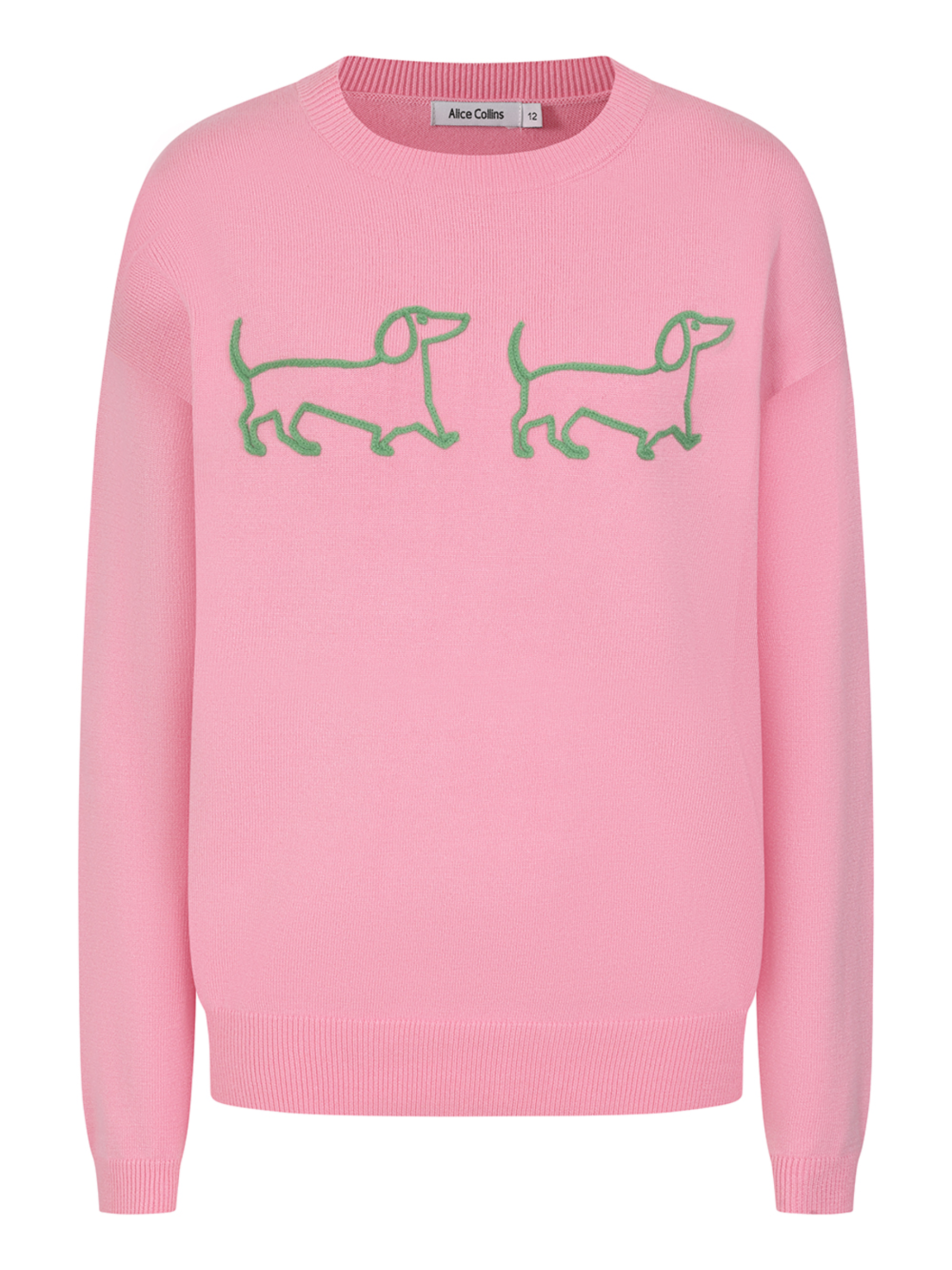 Alice Collins Jessie & Pippa knit pullover with embroidered dachshund motif and ribbed cuffs and hem.