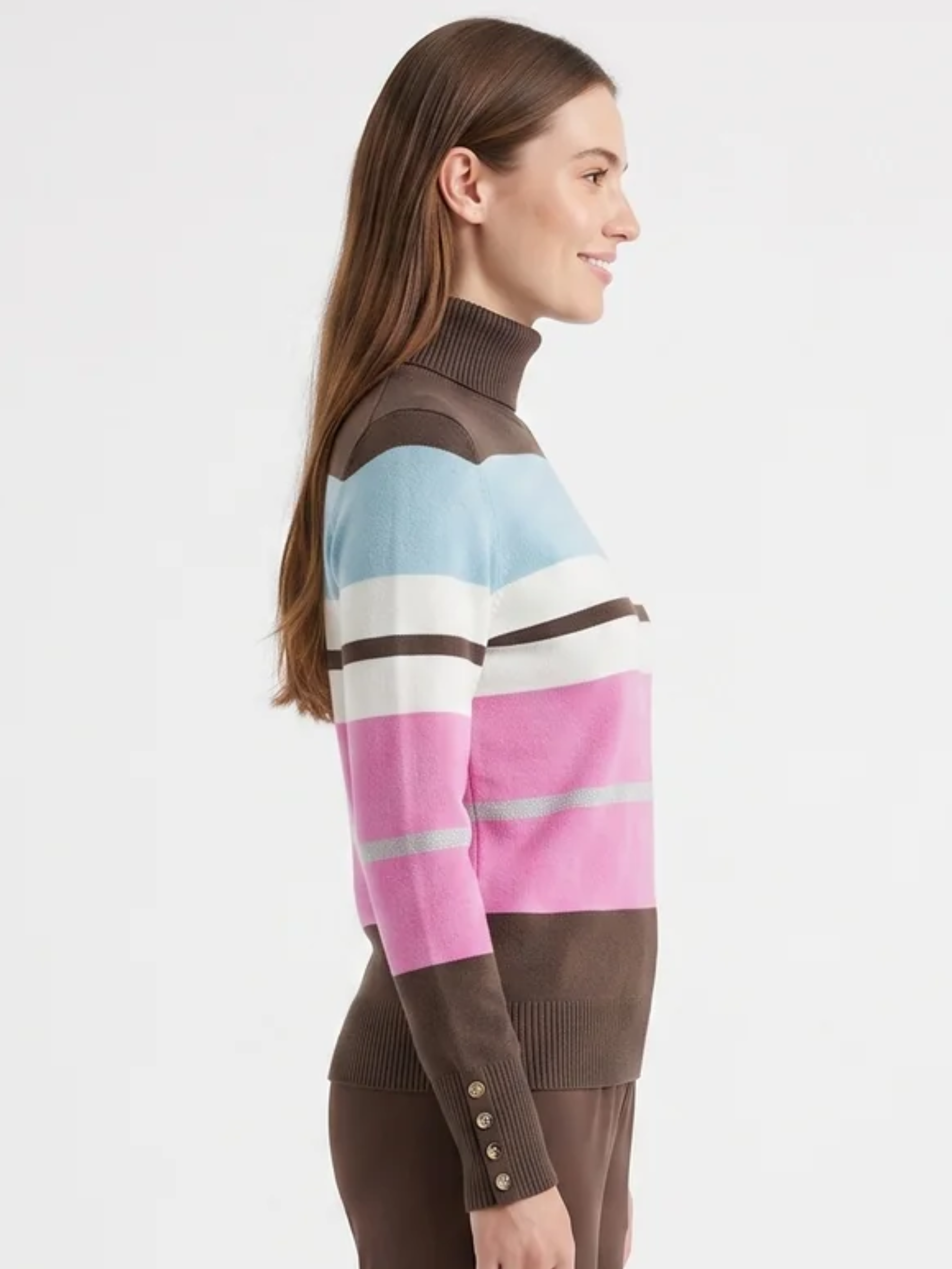 Alice Collins 037A025 Nova Stripe Pullover with roll neck, long sleeves, stripe design and button cuff detail