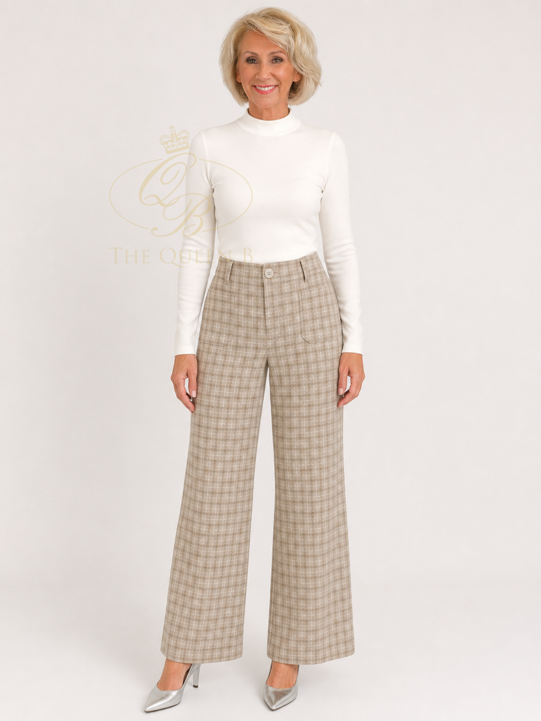 Alice Collins 037A254 Dolly Trousers with wide-leg fit, check design, front and back pockets and button fastening