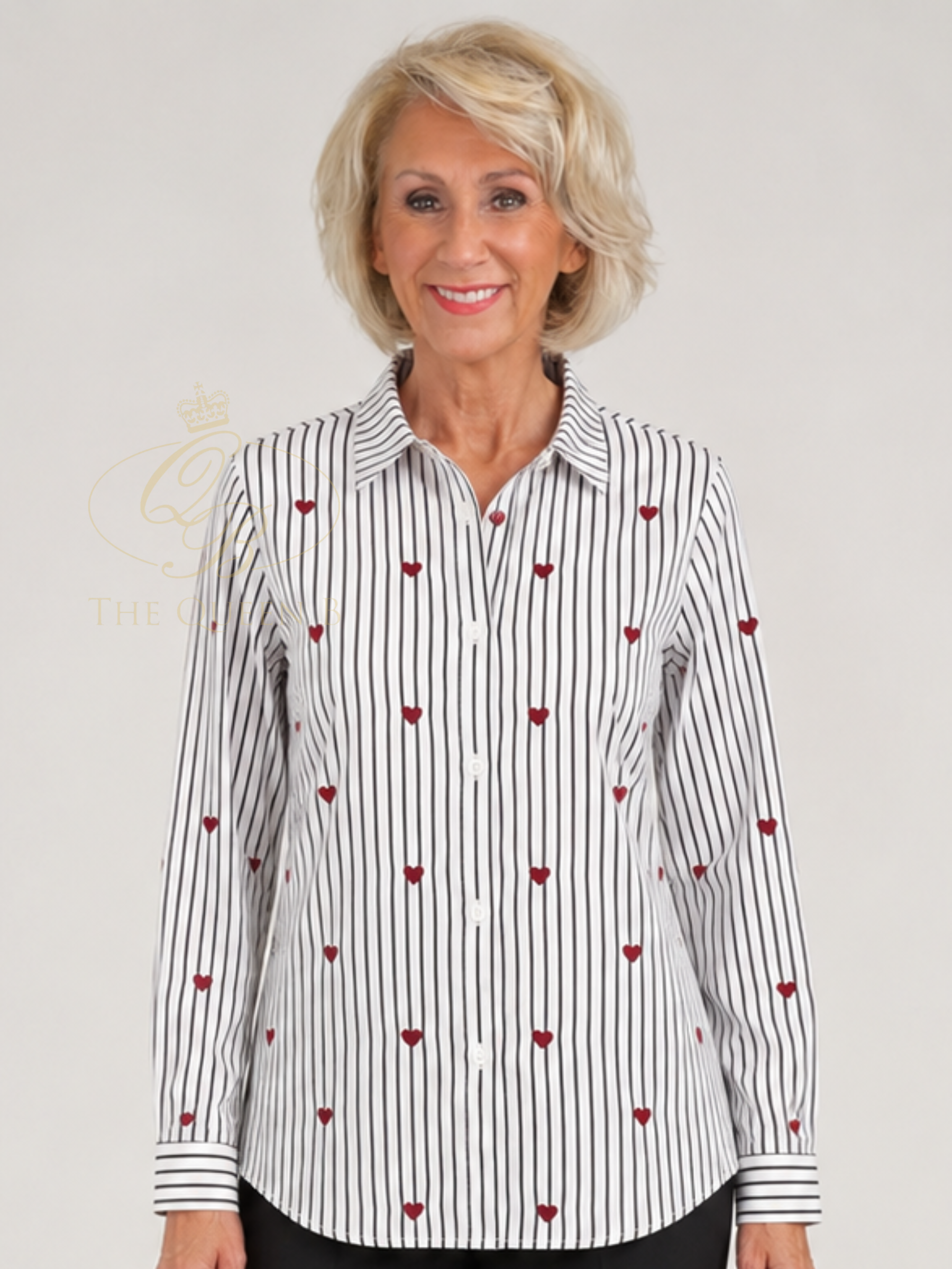 Alice Collins 037A260 Avril Shirt with classic collar, button front, stripe design and heart embroidery