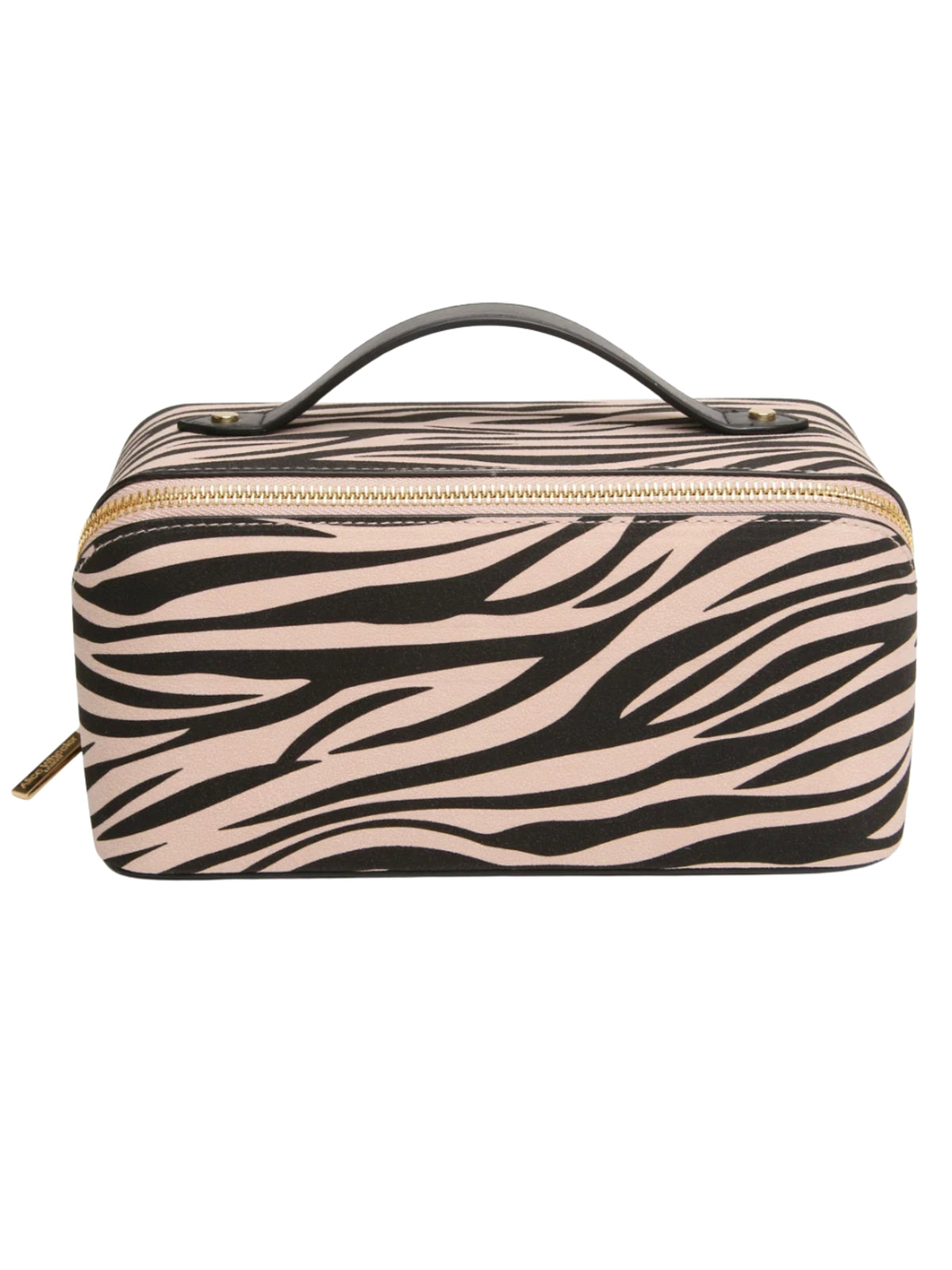 Alice Wheeler AW0332 Zebra Train Case with gold-toned zip fastening, top handle and organised lined interior.