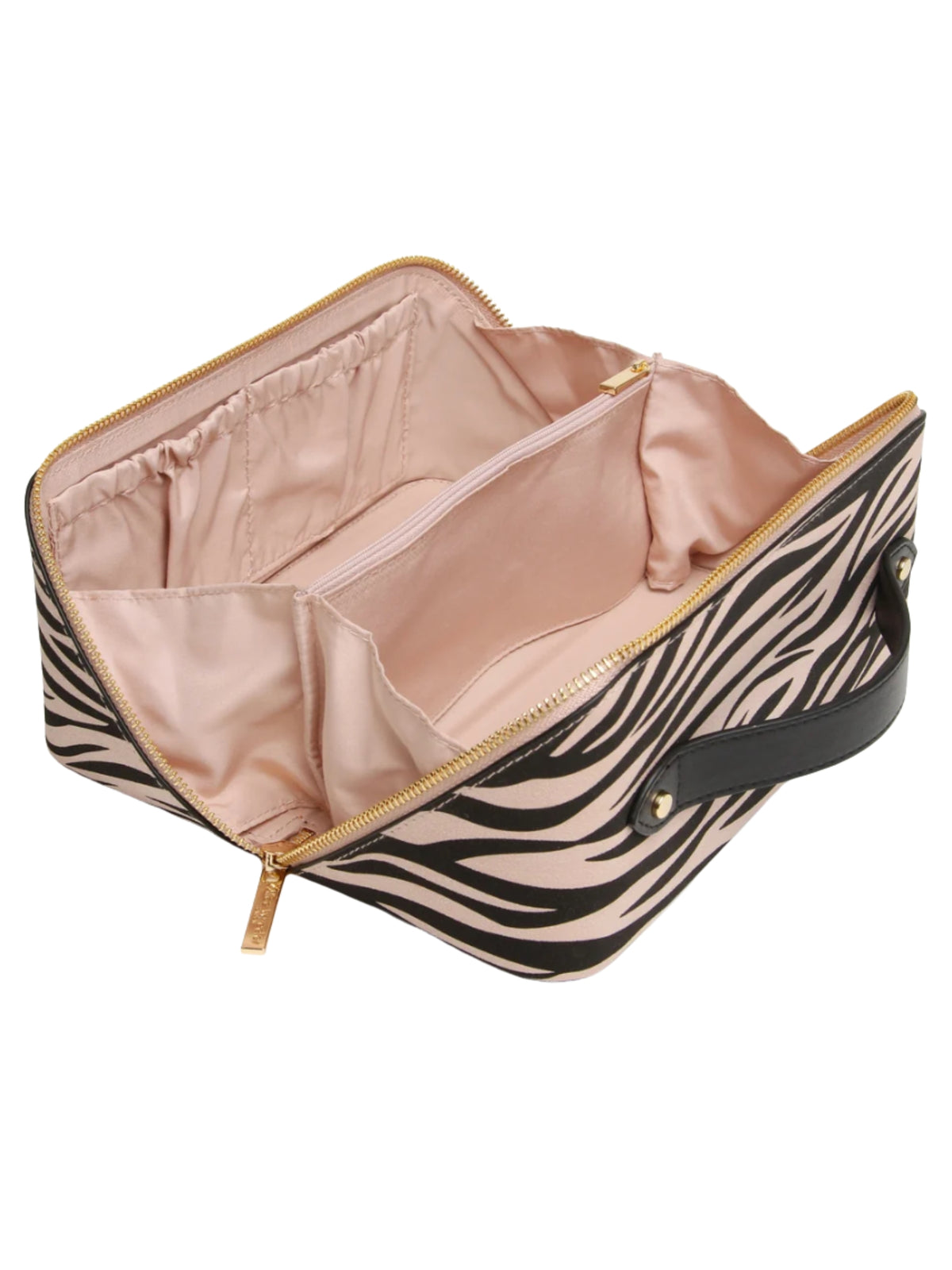 Alice Wheeler AW0332 Zebra Train Case with gold-toned zip fastening, top handle and organised lined interior.