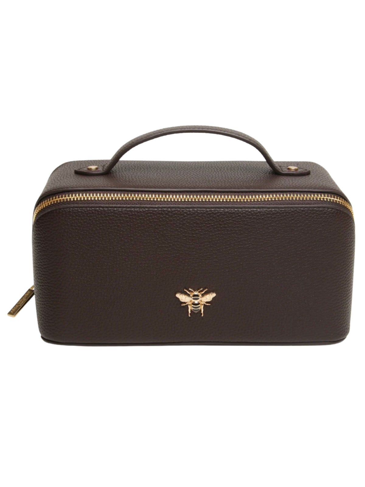 Alice Wheeler AW0348 Chocolate Train Case with gold-toned zip fastening, top handle and organised interior.