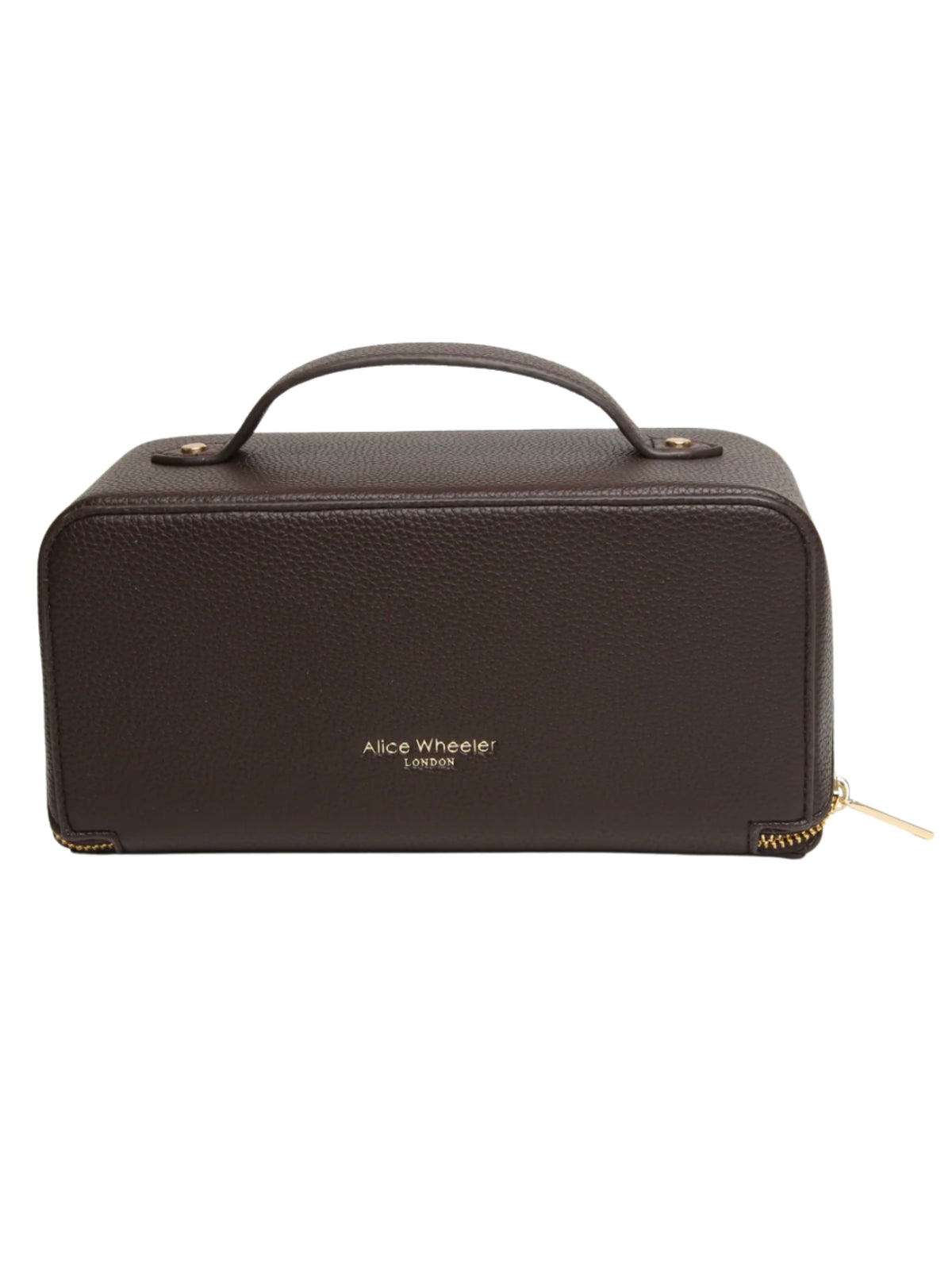 Alice Wheeler AW0348 Chocolate Train Case with gold-toned zip fastening, top handle and organised interior.