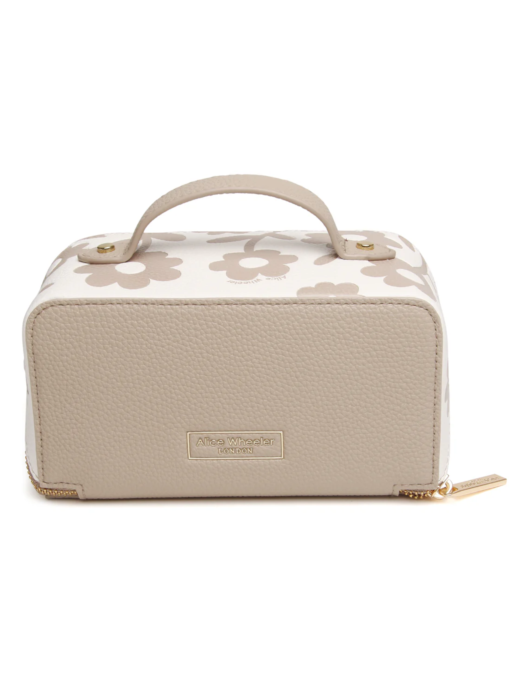 Alice Wheeler AW0366 Stone Floral Mini Train Case compact floral beauty case with zip fastening and top handle