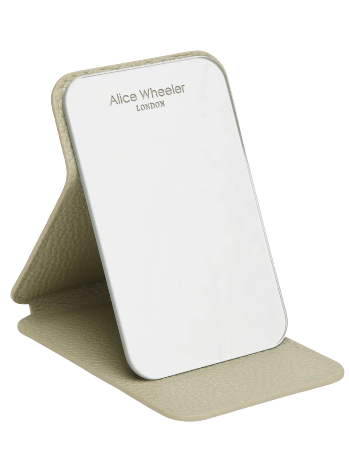 Alice Wheeler AW0393 Pistachio Mini Folding Mirror with textured protective cover and freestanding folding design.