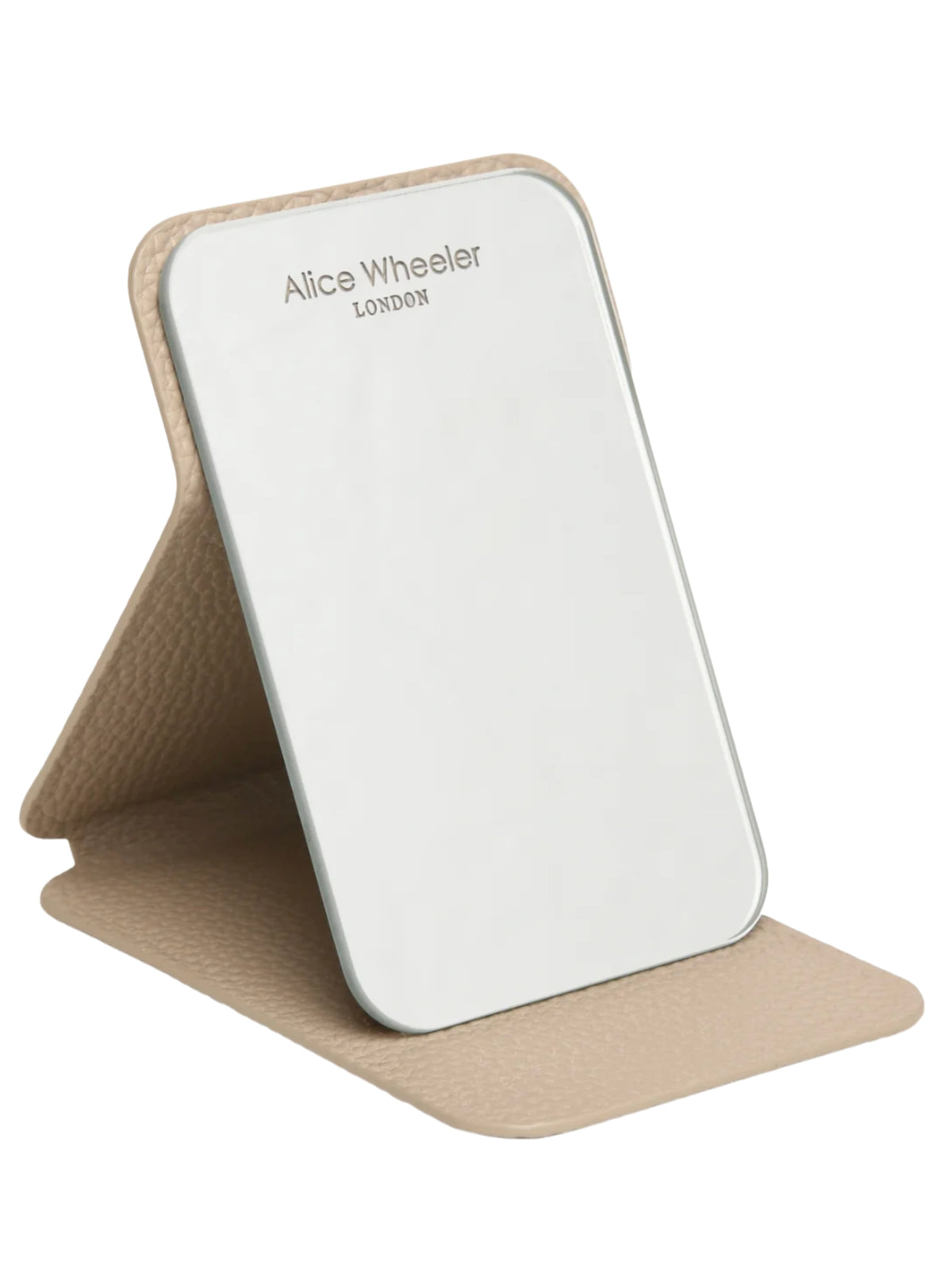 Alice Wheeler AW0394 Stone Mini Folding Mirror with textured protective cover and freestanding folding design.