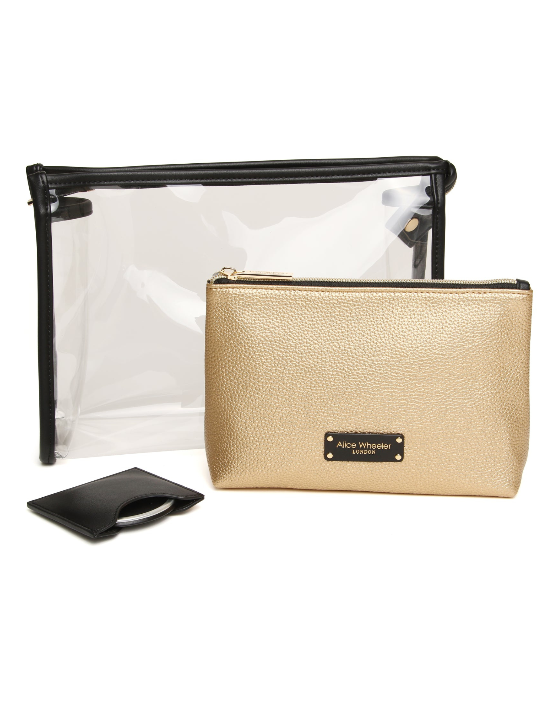 Alice Wheeler AW0410 Gold 3-Piece Beauty Gift Set with clear pouch, gold make-up bag and compact mirror