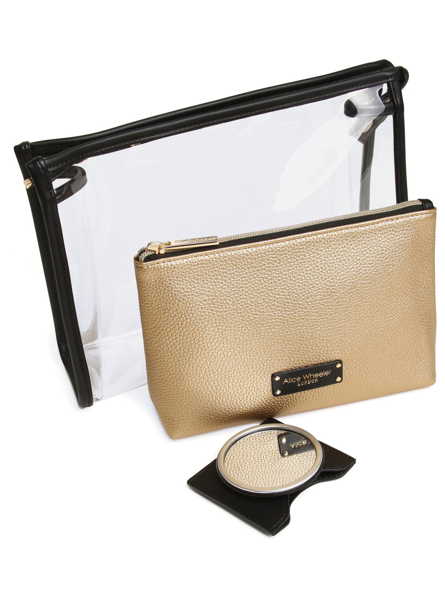 Alice Wheeler AW0410 Gold 3-Piece Beauty Gift Set with clear pouch, gold make-up bag and compact mirror