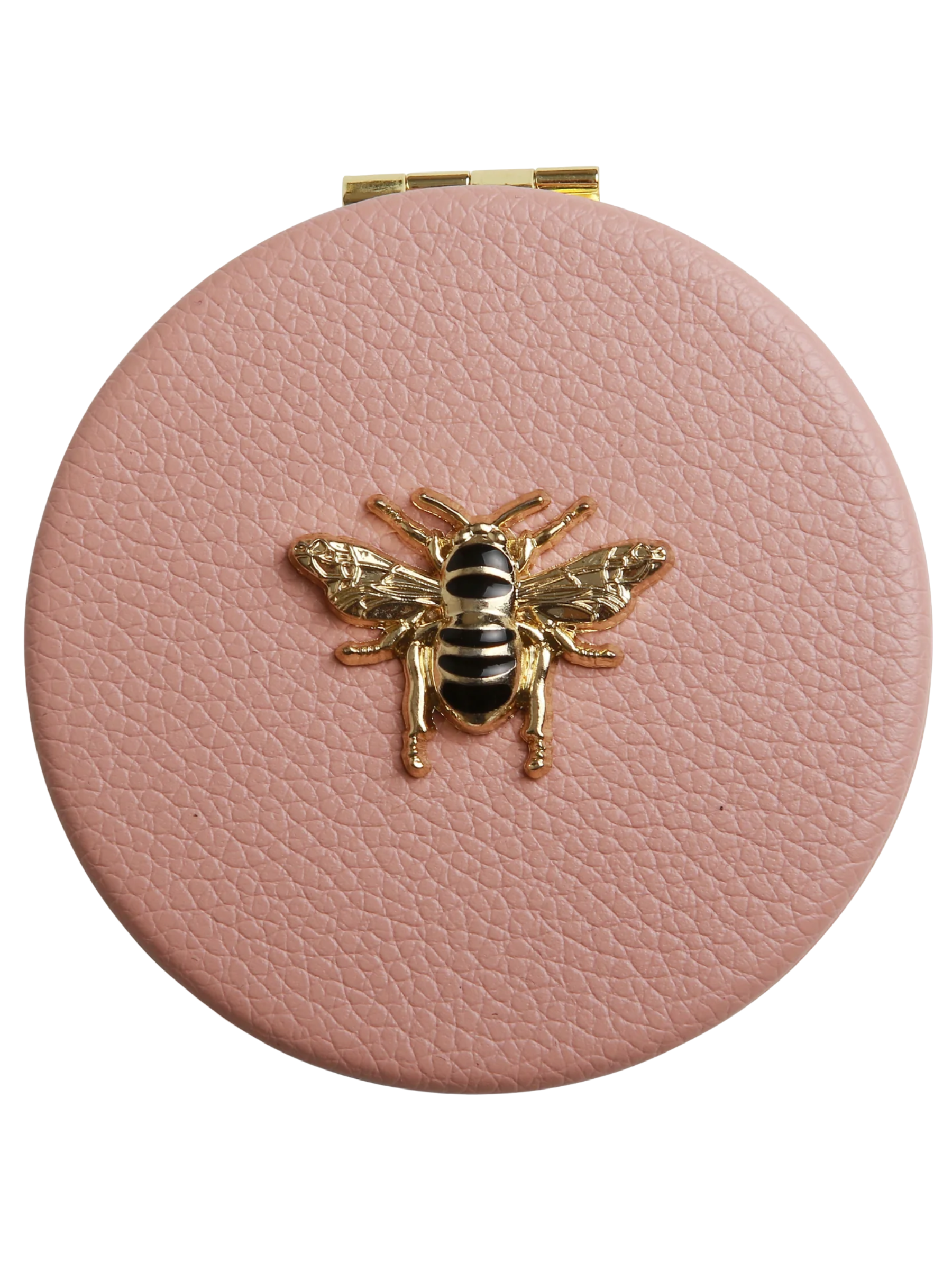 ALICE WHEELER AW587 pink round compact mirror with vegan leather cover, honey bee emblem, dual magnification, 7cm purse size.