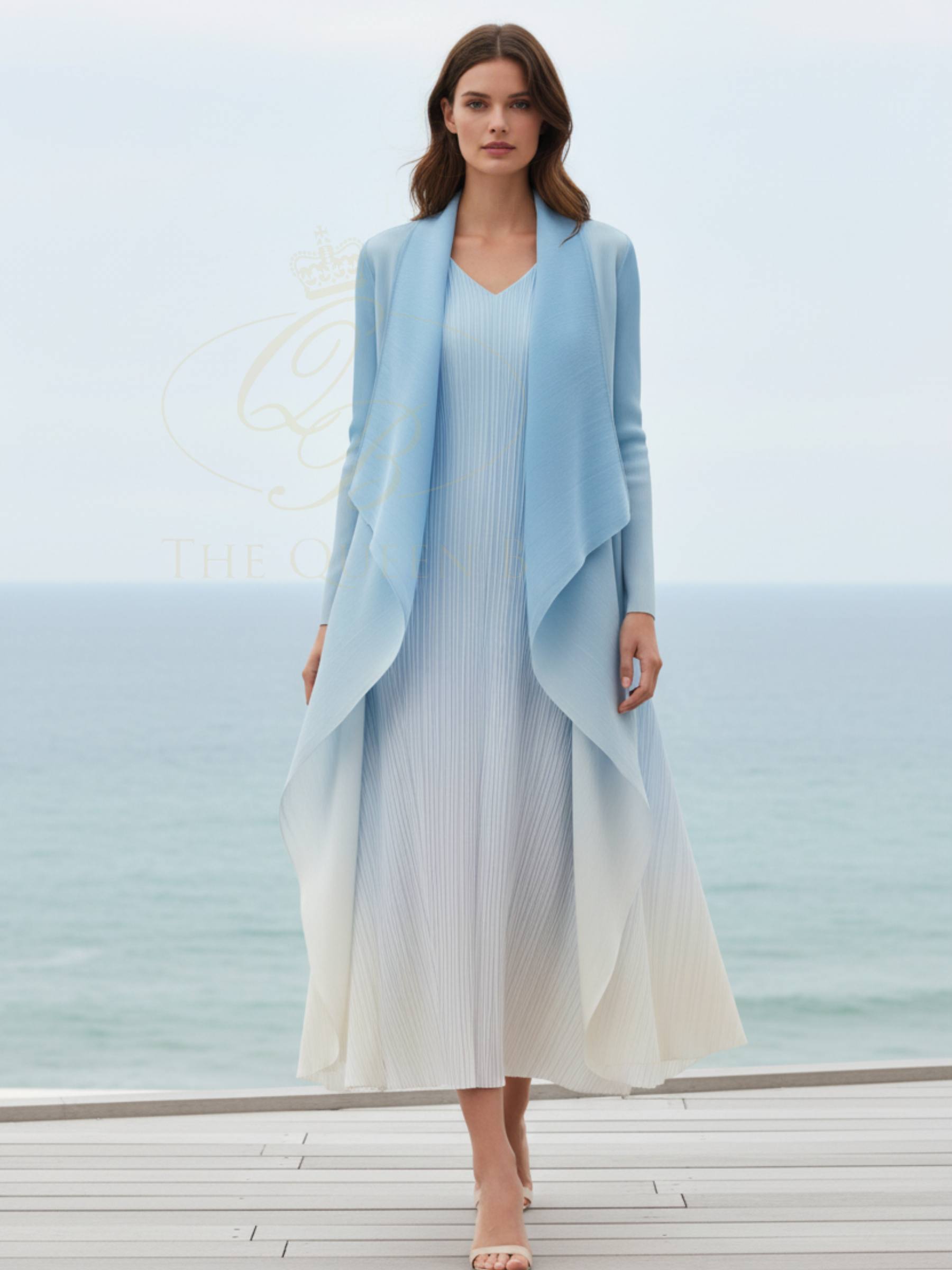 Alquema Blue Sky Ombre Dress & Coat hand-pleated dress and coat set with soft blue ombré, fluid silhouette and open-front drape coat.