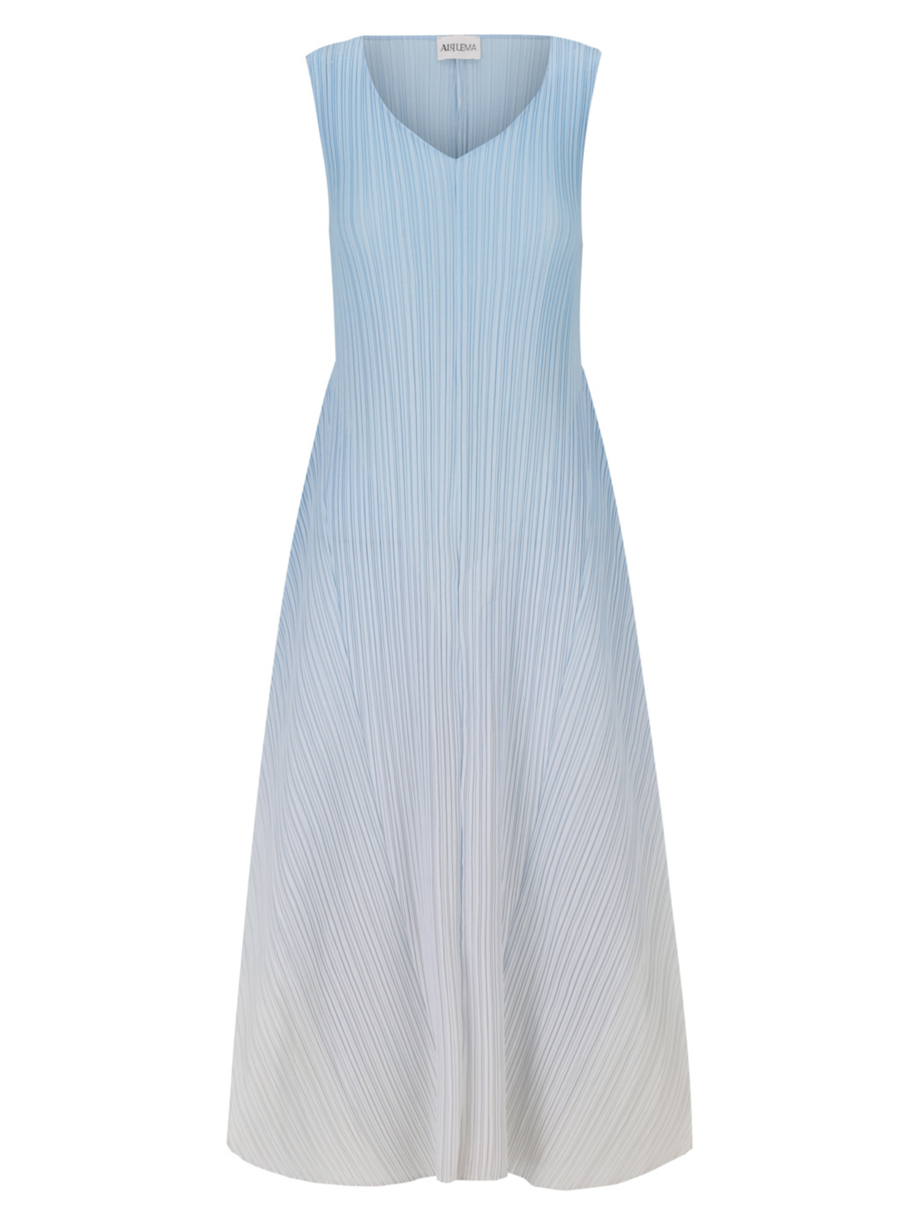 Alquema Blue Sky Ombre Dress & Coat hand-pleated dress and coat set with soft blue ombré, fluid silhouette and open-front drape coat.