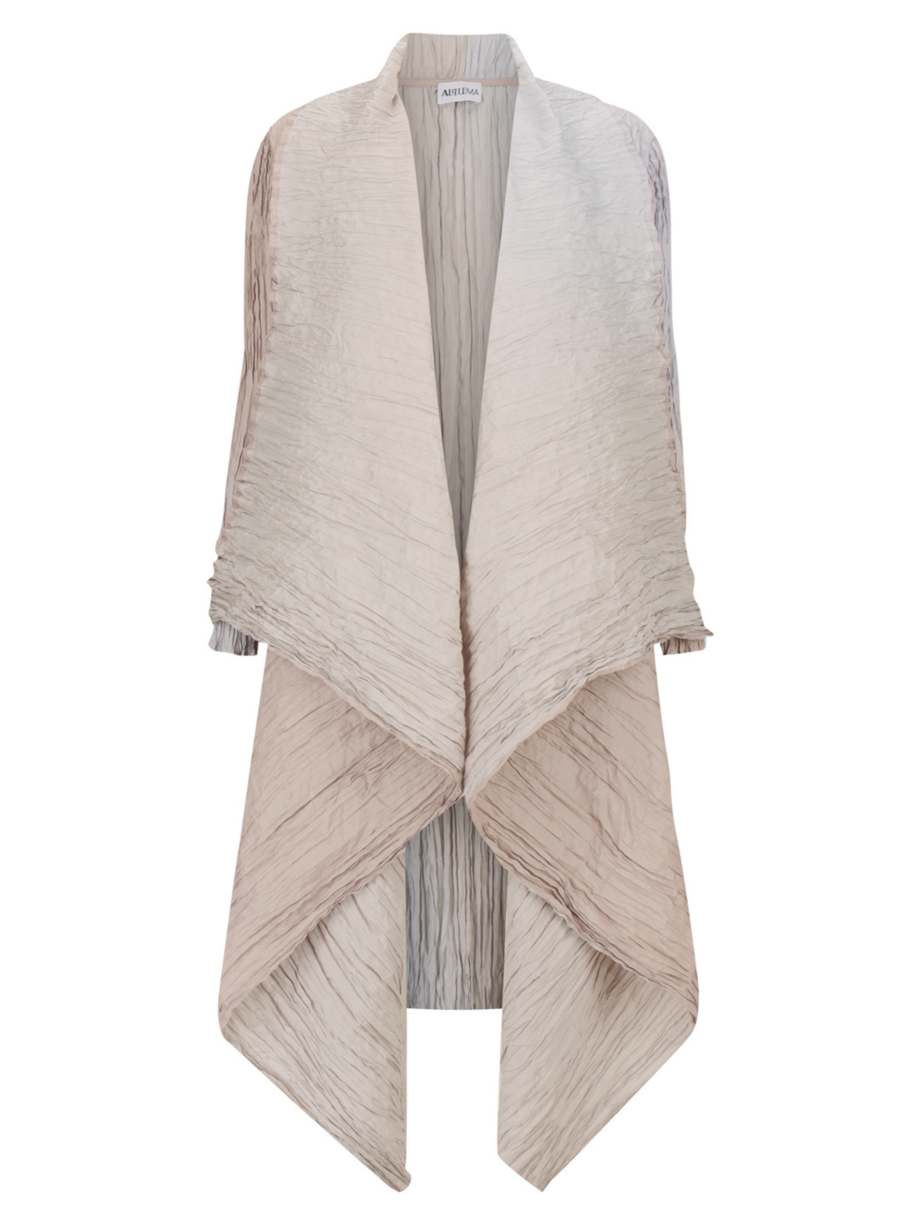 Alquema Silver Sand Dress & Coat featuring a hand-pleated layered silhouette with flowing dress and coordinating coat, styled as an elegant occasionwear outfit.