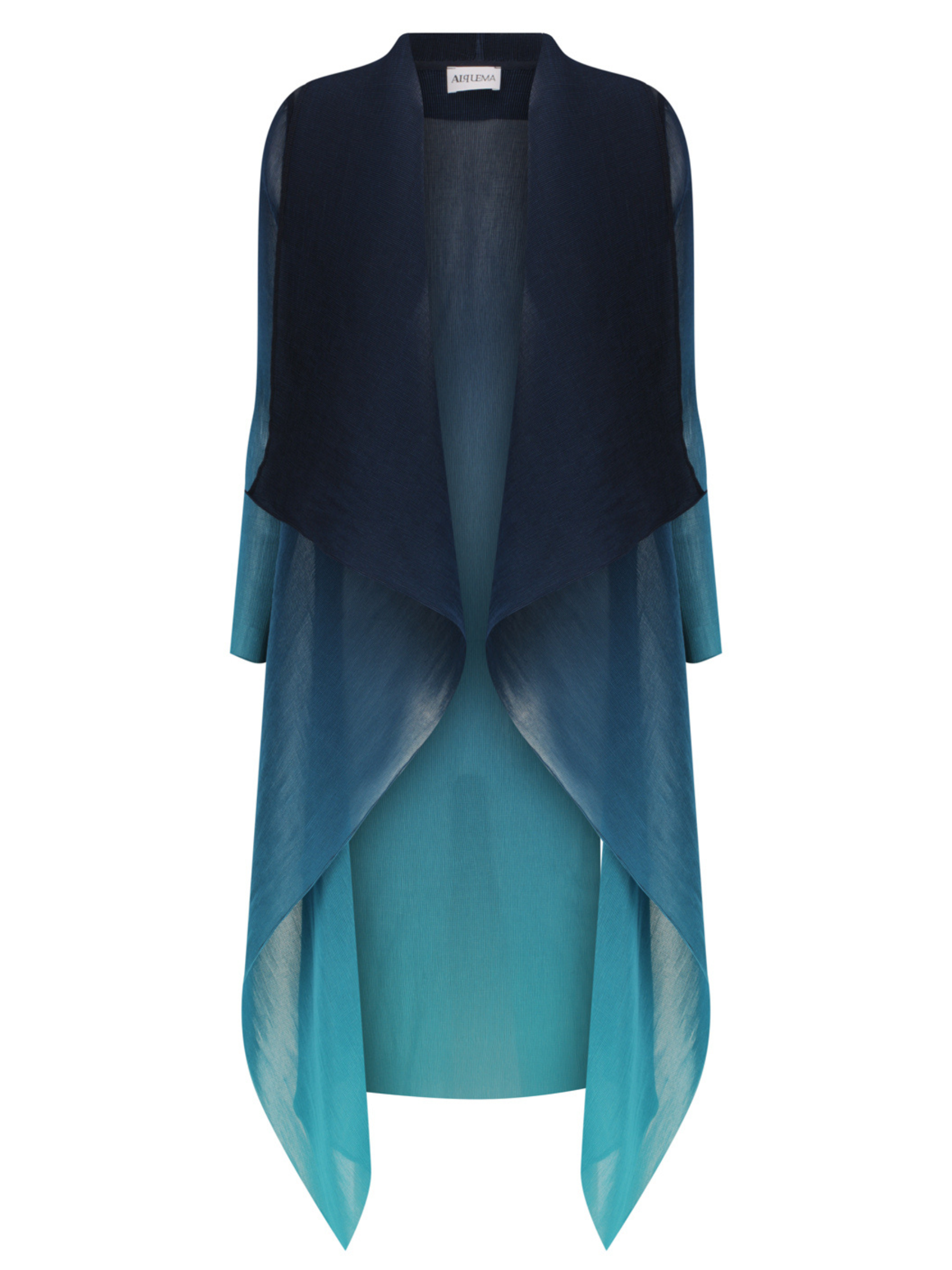 Alquema Twilight Blue Peacock Dress & Coat hand-pleated sleeveless dress with matching sheer coat, featuring fluid pleating, cascading drape panels and a flowing silhouette in twilight blue tones.