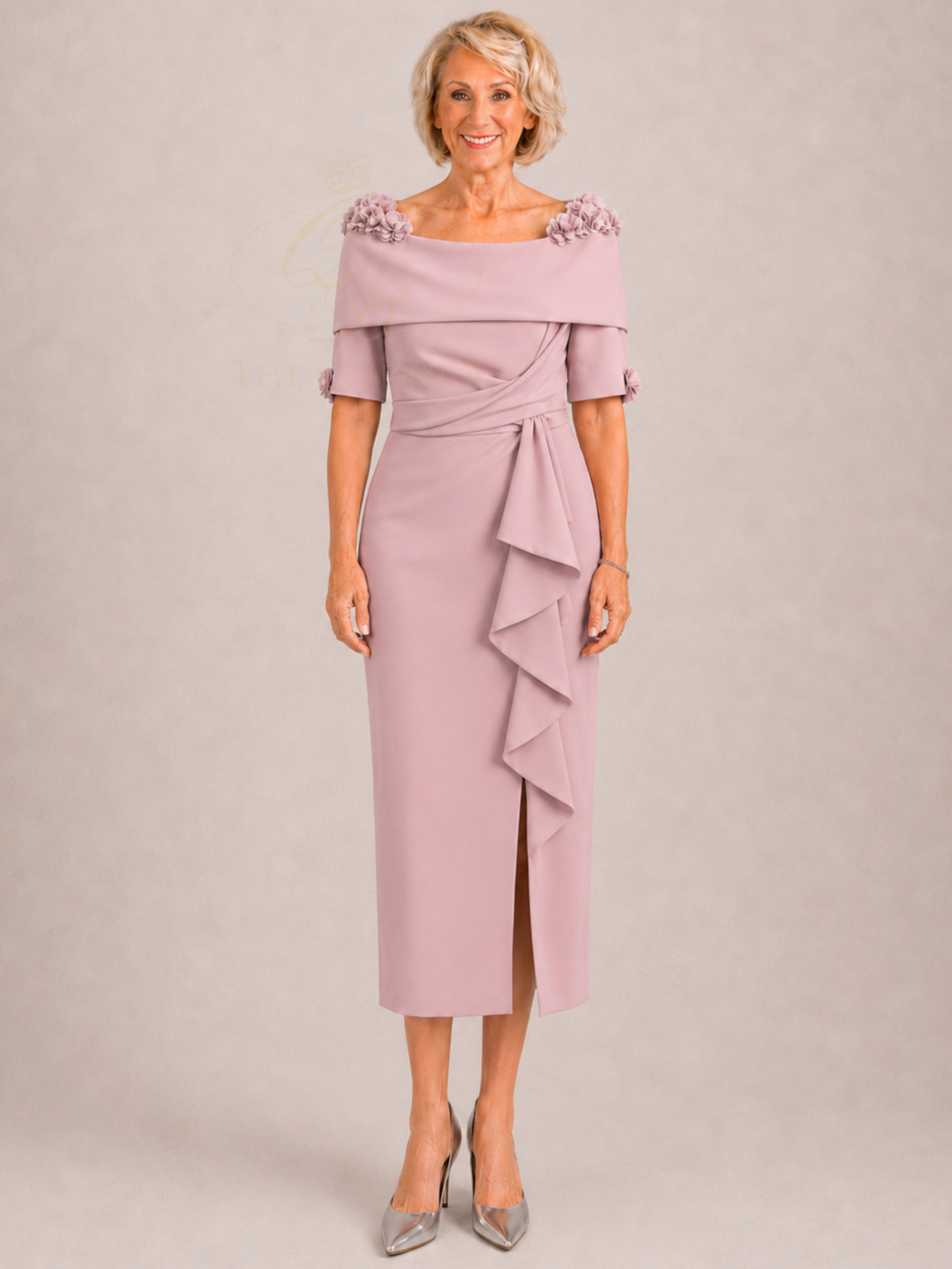 Anoola D484 Ice Pink Dress with off-the-shoulder neckline, floral appliqué, draped waist and ruffle front detail