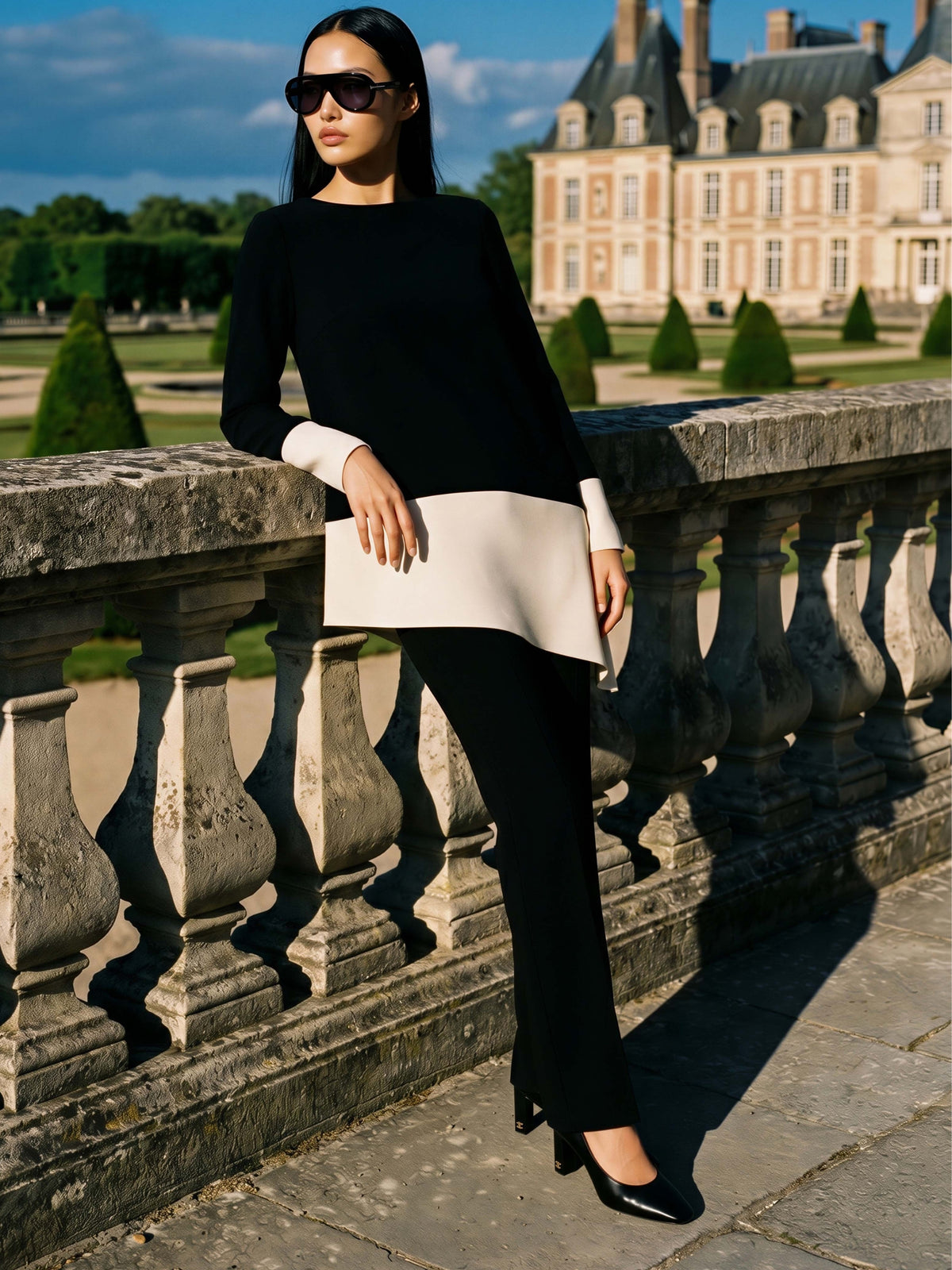 Arggido 21070 Blouse & Trouser Outfit Set with asymmetric contrast blouse and coordinating straight leg trousers.