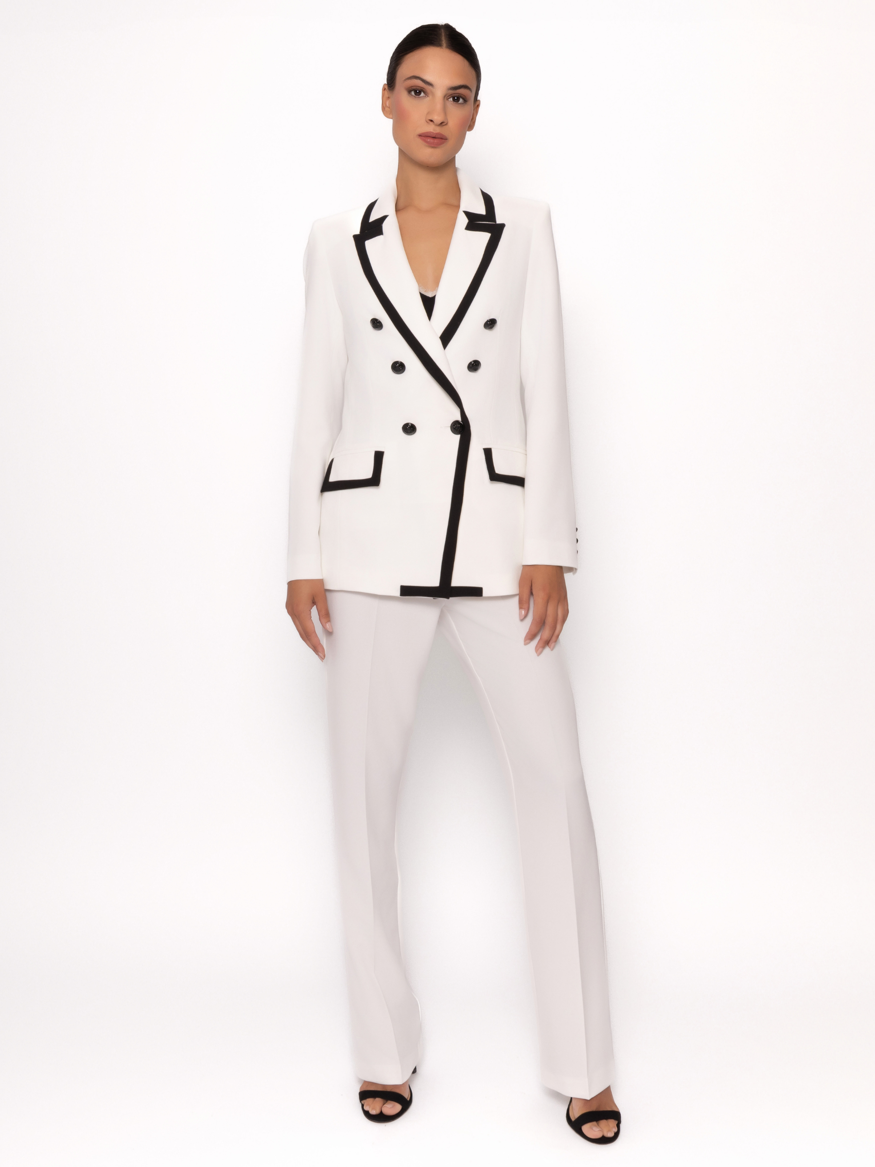 Arggido 49587 Jacket & Trousers Set with double-breasted contrast trim jacket and wide-leg tailored trousers.