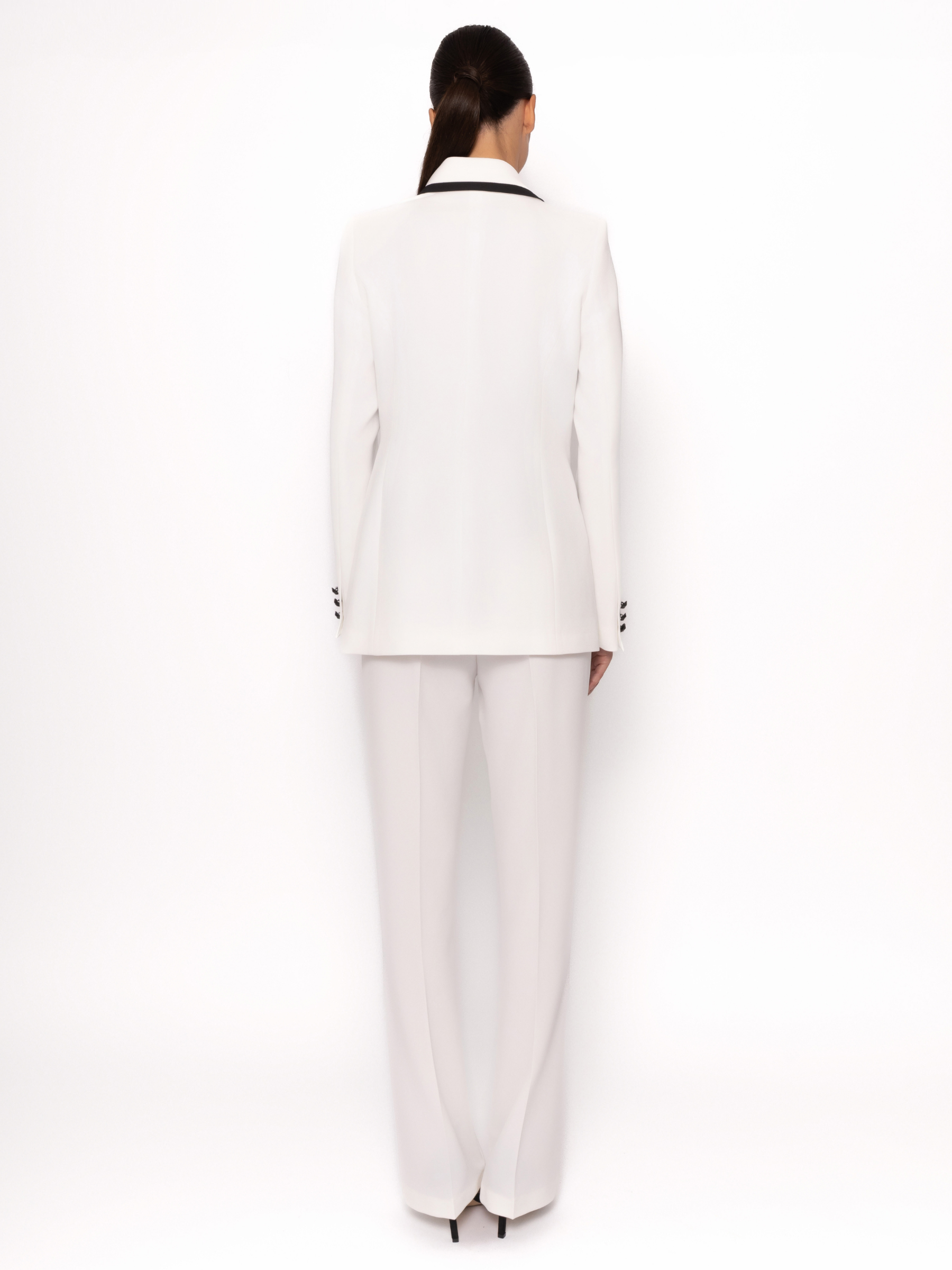 Arggido 49587 Jacket & Trousers Set with double-breasted contrast trim jacket and wide-leg tailored trousers.