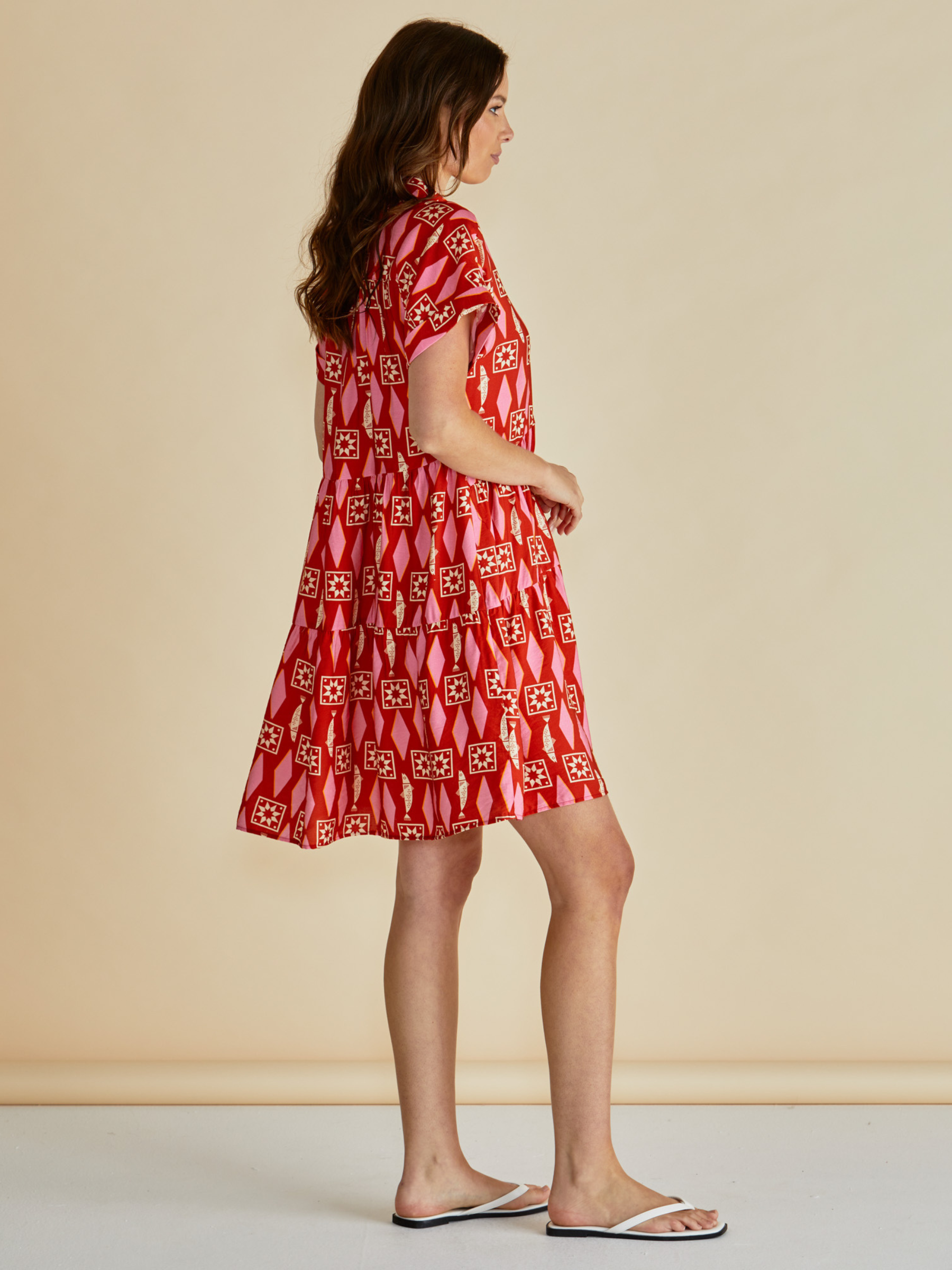 Betty Copacabana Shirt Dress with button-through front, short sleeves and tiered relaxed silhouette.