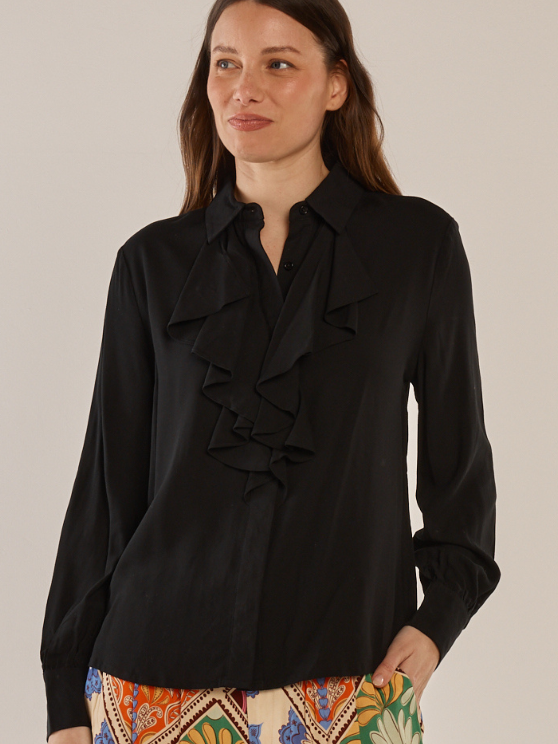 Betty Frida Frill Shirt with classic collar, button-through front and cascading frill detail