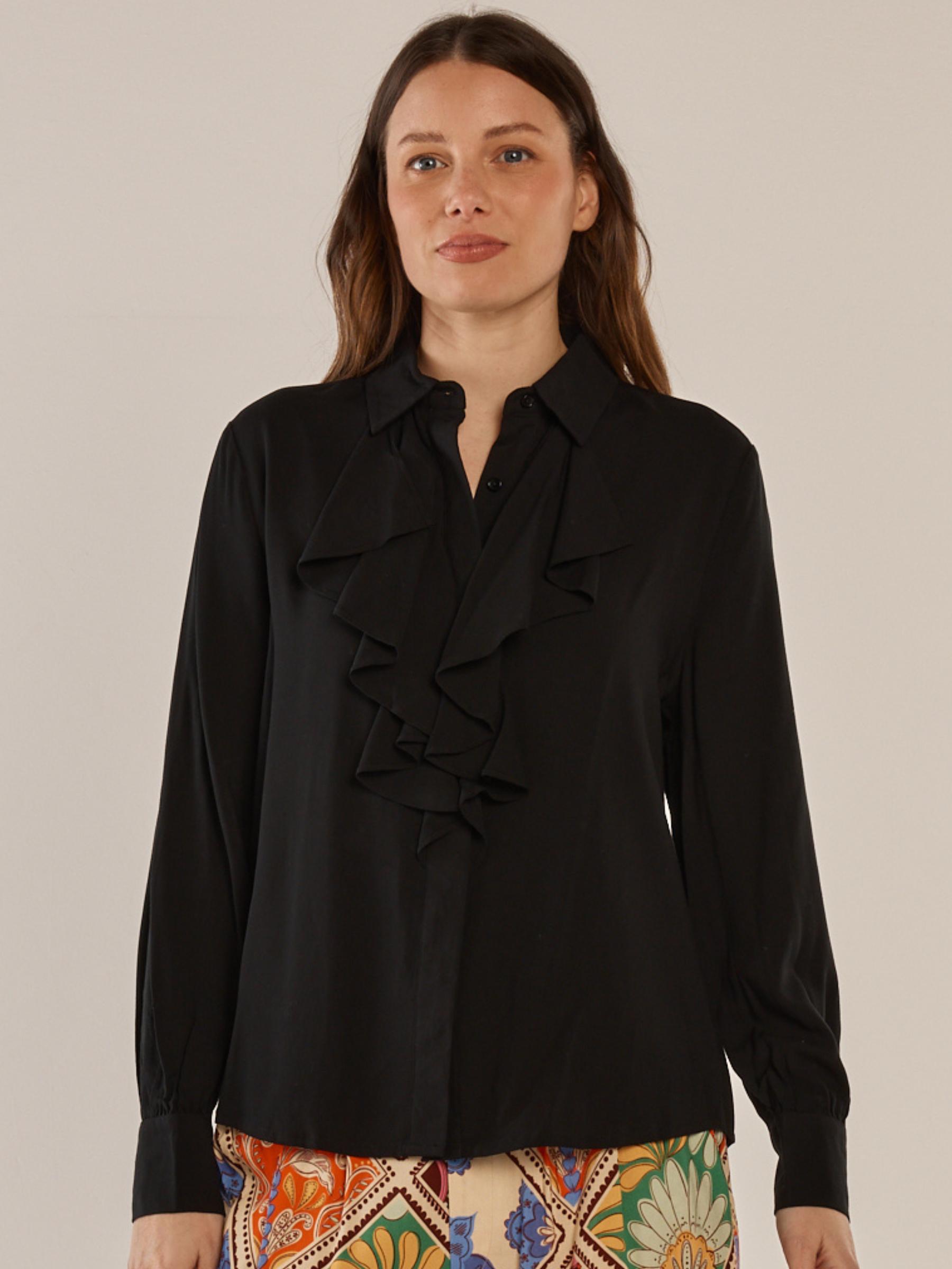 Betty Frida Frill Shirt with classic collar, button-through front and cascading frill detail