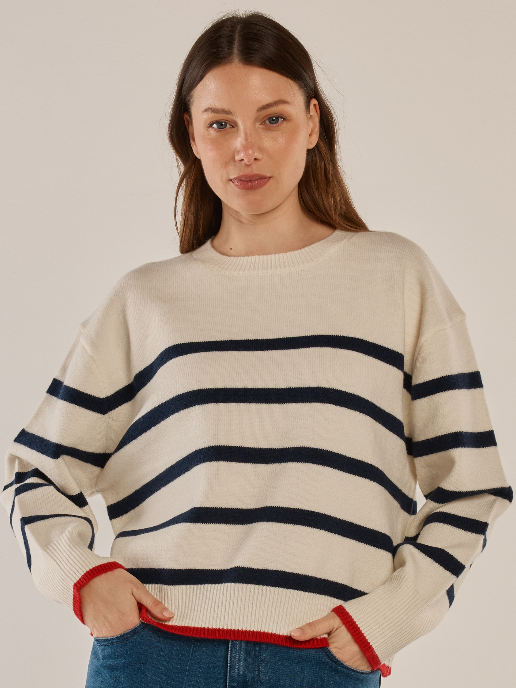 Betty Leonie Knit Sweater with round neckline, long sleeves, striped design and contrast trim detail