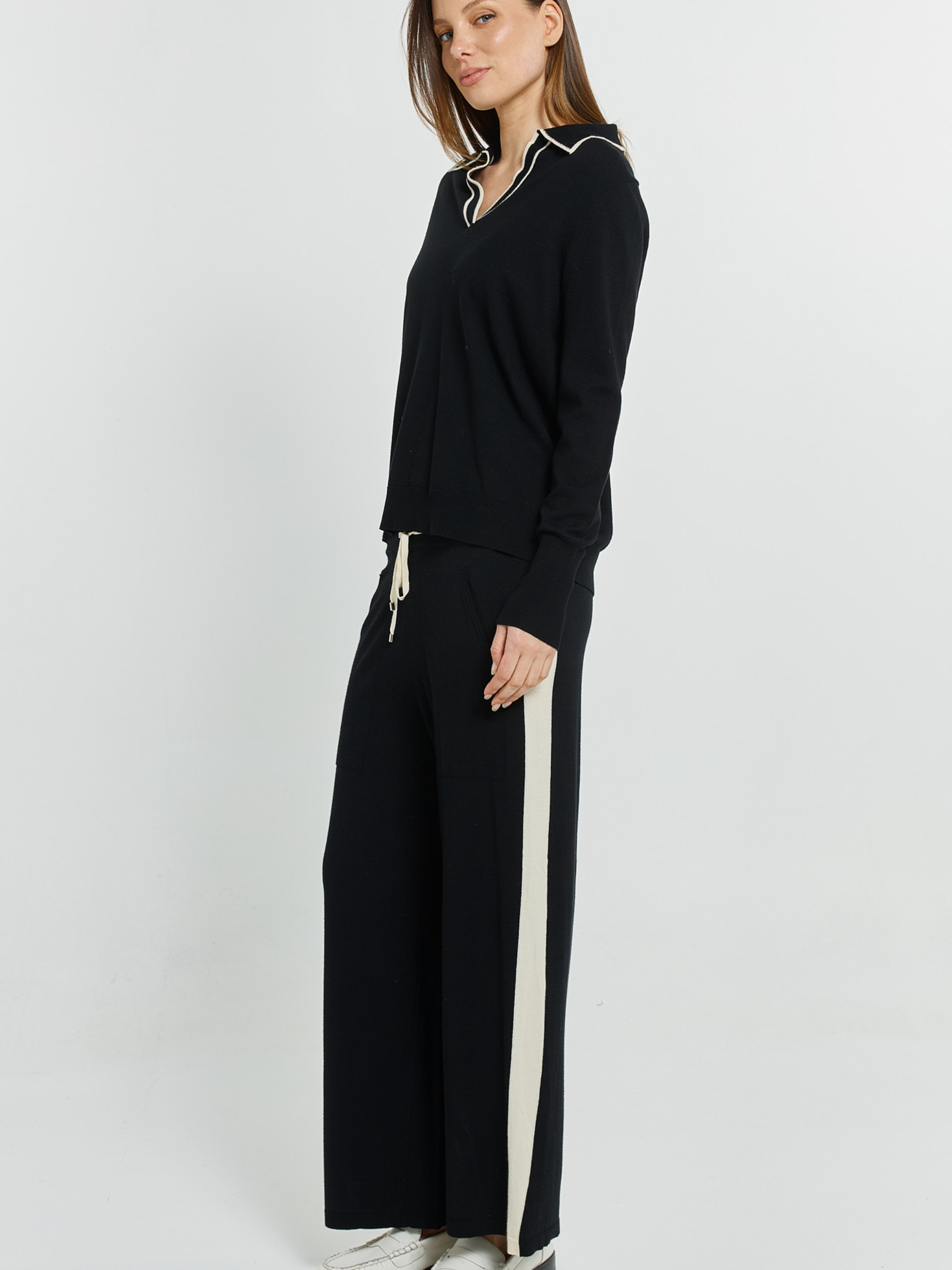 Betty Makenna Knit Pant wide leg knit trousers with drawstring waistband and side stripe detail