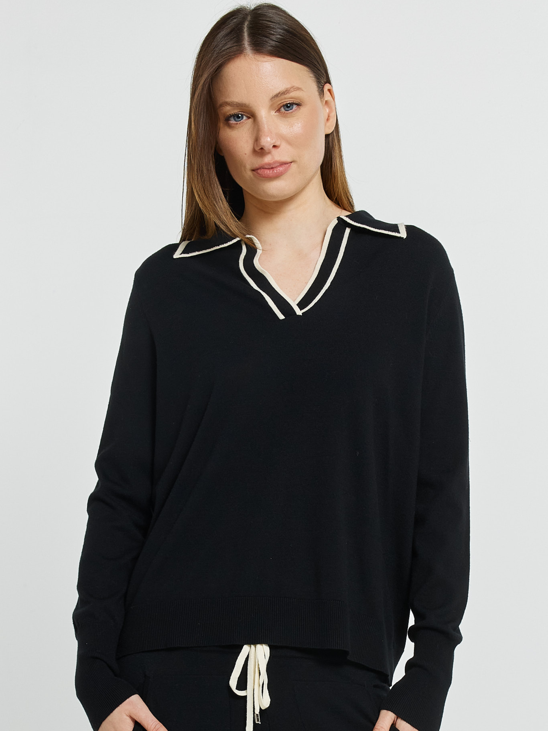 Betty Makenna Polo Sweater relaxed knit top with polo neckline, contrast trim and long sleeves