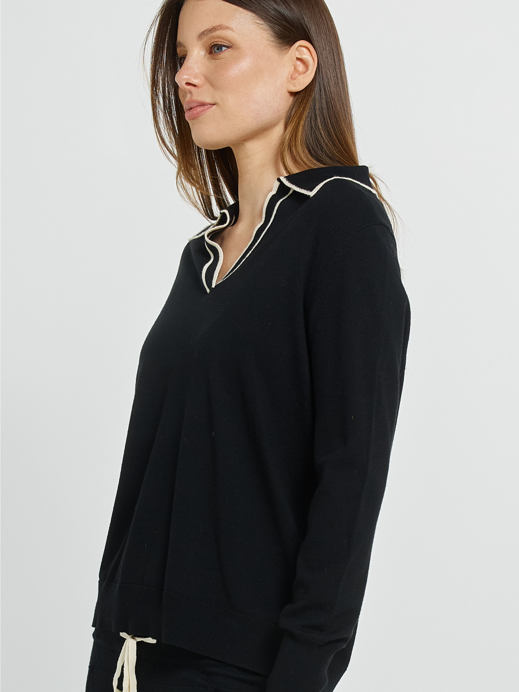 Betty Makenna Polo Sweater relaxed knit top with polo neckline, contrast trim and long sleeves