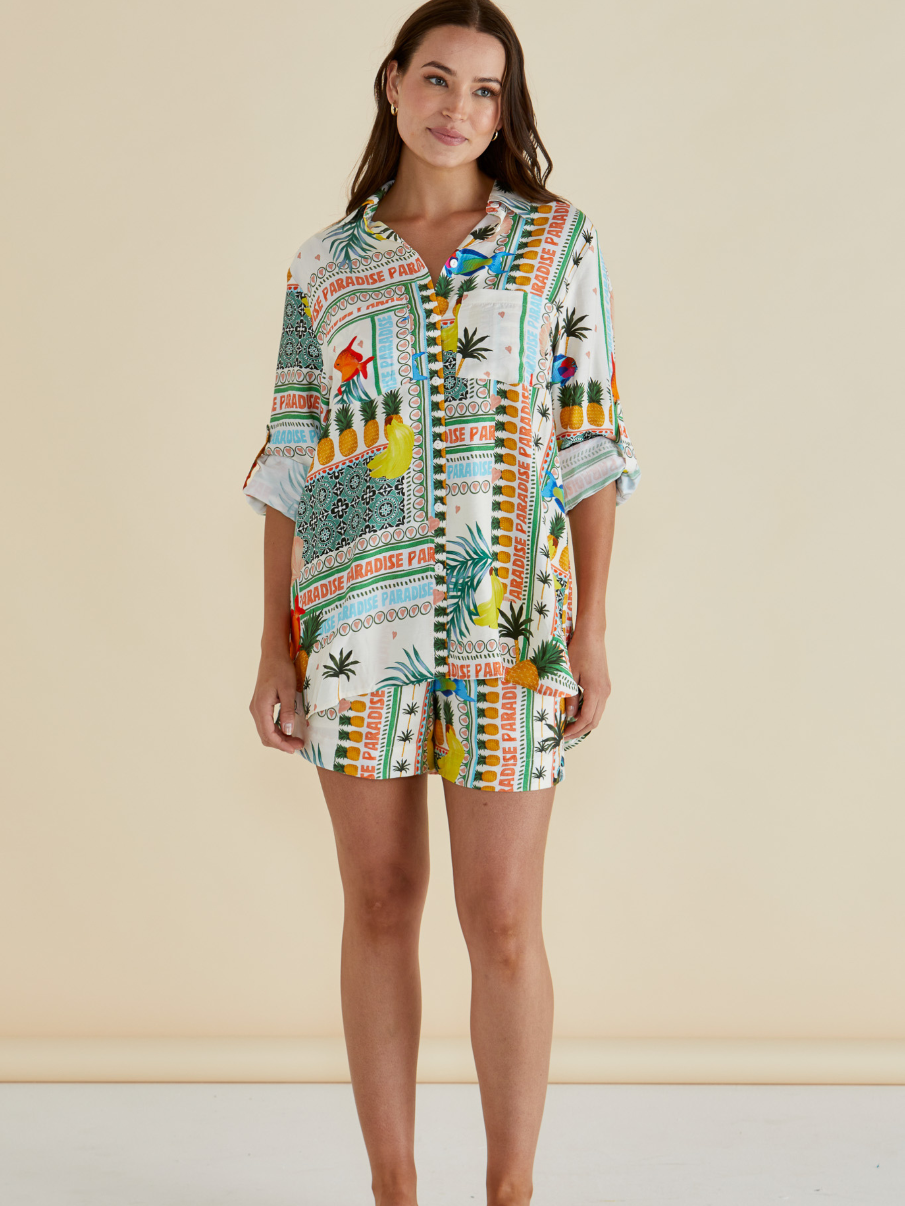 Betty Mills Shirt with classic collar, button-through front and colourful tropical “Paradise” patchwork print designed to match Malta Shorts.