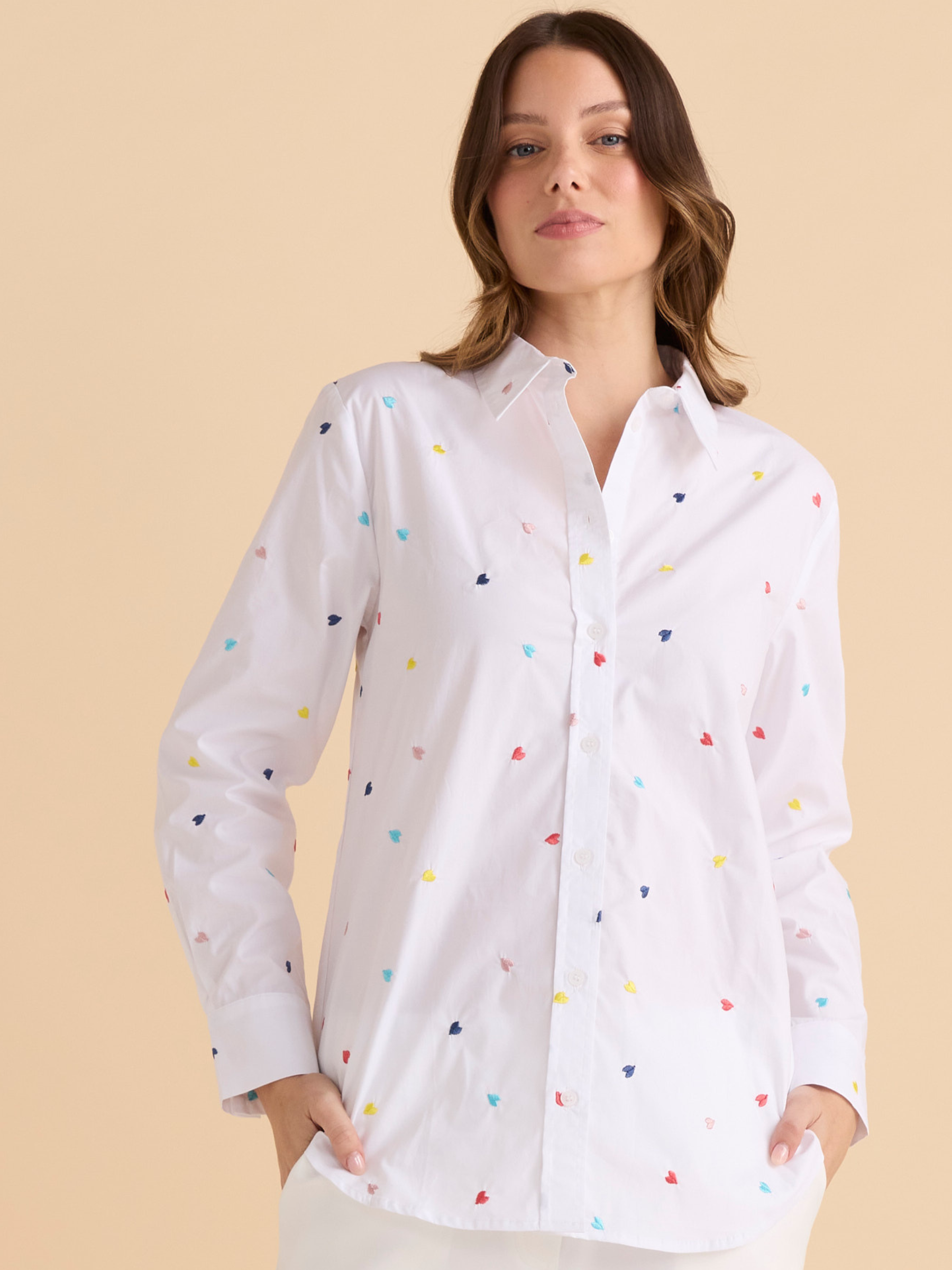 Betty Reid Shirt with collared neckline, button-through front, long sleeves and embroidered heart detail