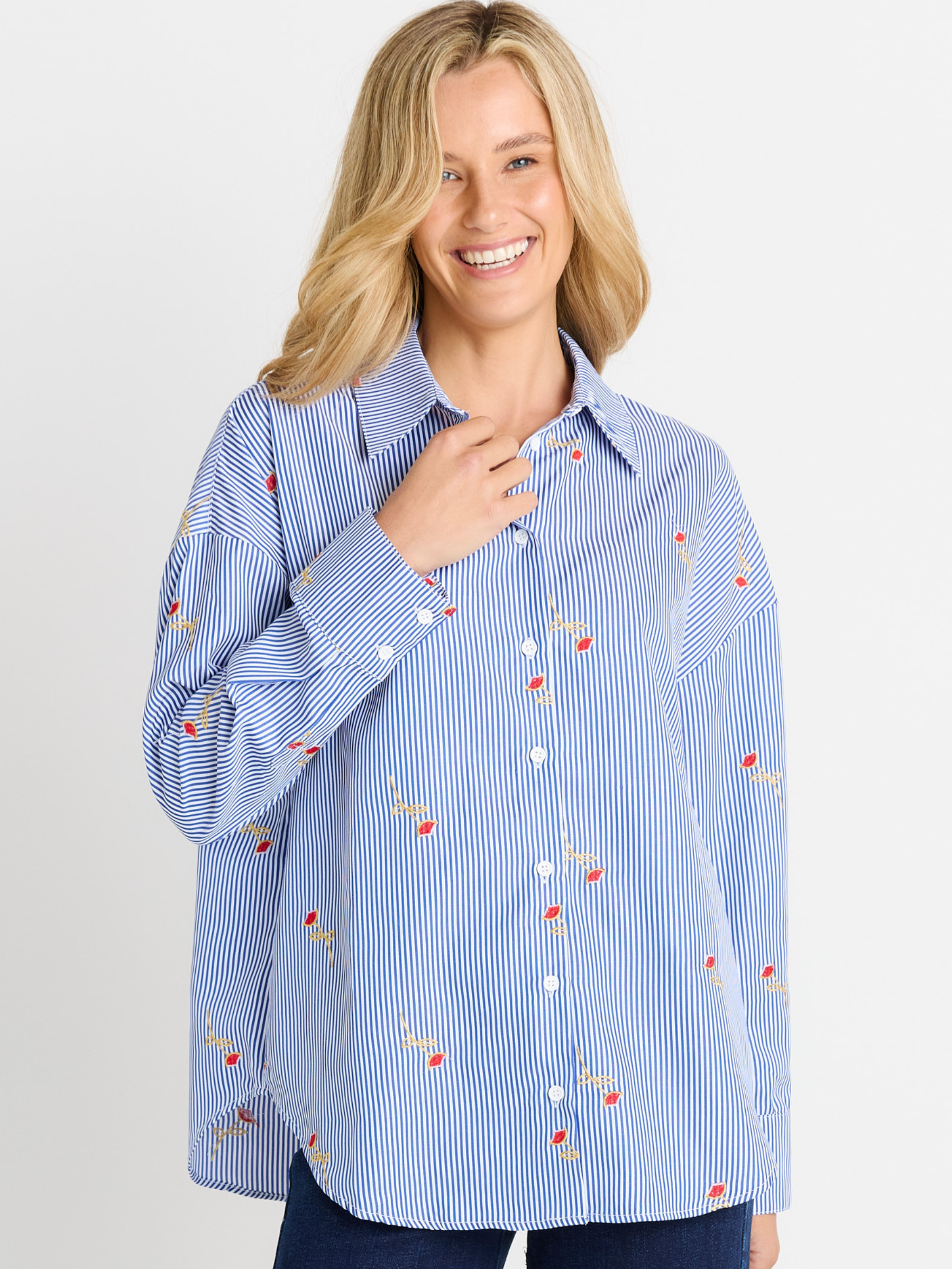 Betty Sage Shirt with collared neckline, long sleeves, stripe pattern and embroidered floral detail