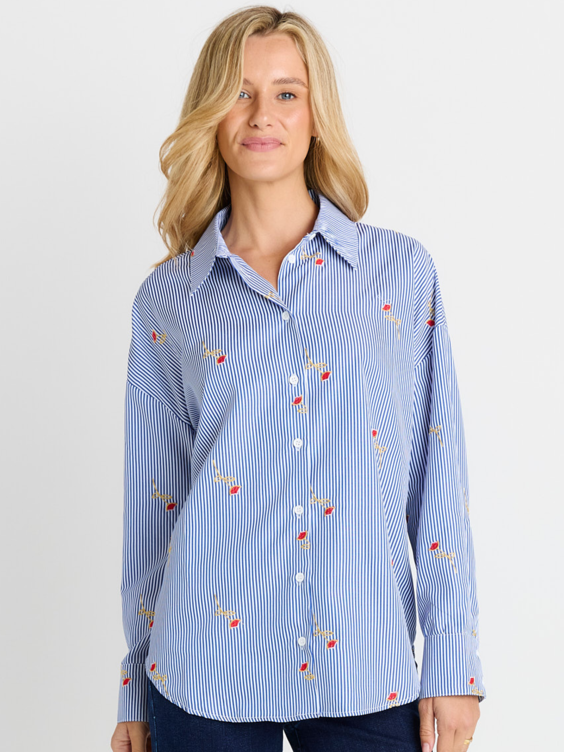 Betty Sage Shirt with collared neckline, long sleeves, stripe pattern and embroidered floral detail