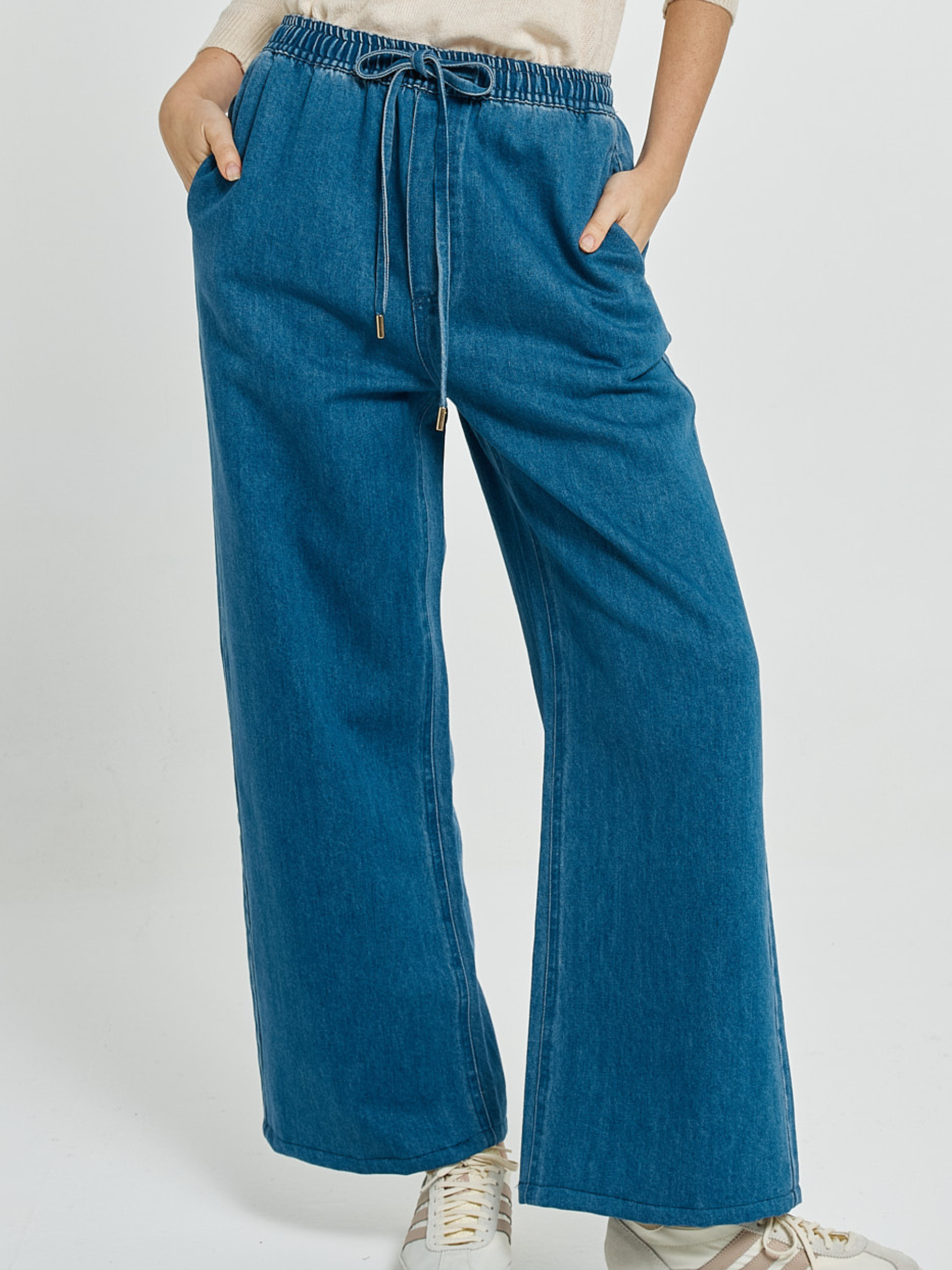 Betty Vespa Denim Jogger with elasticated drawstring waistband, side pockets and wide leg silhouette