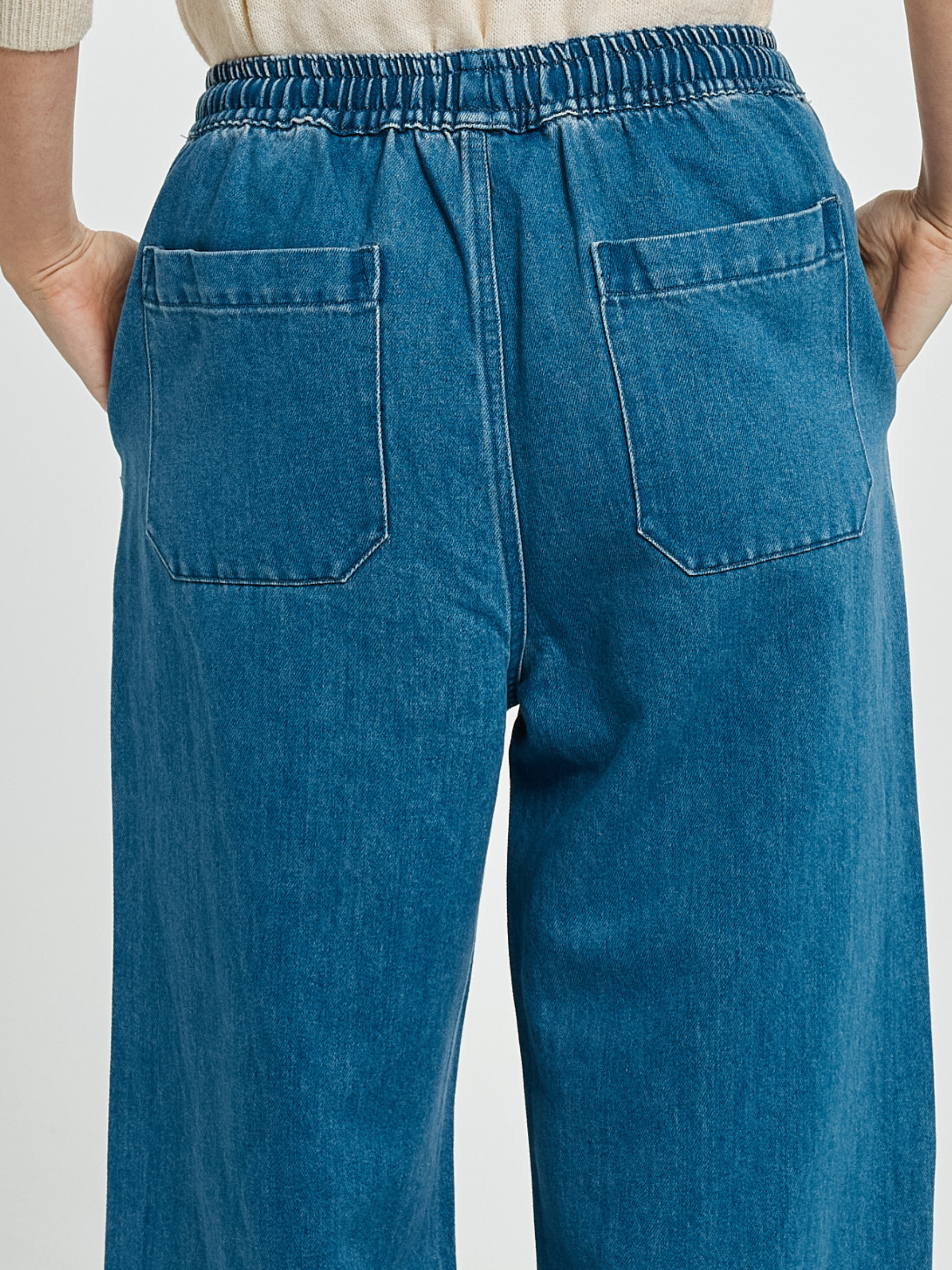 Betty Vespa Denim Jogger with elasticated drawstring waistband, side pockets and wide leg silhouette