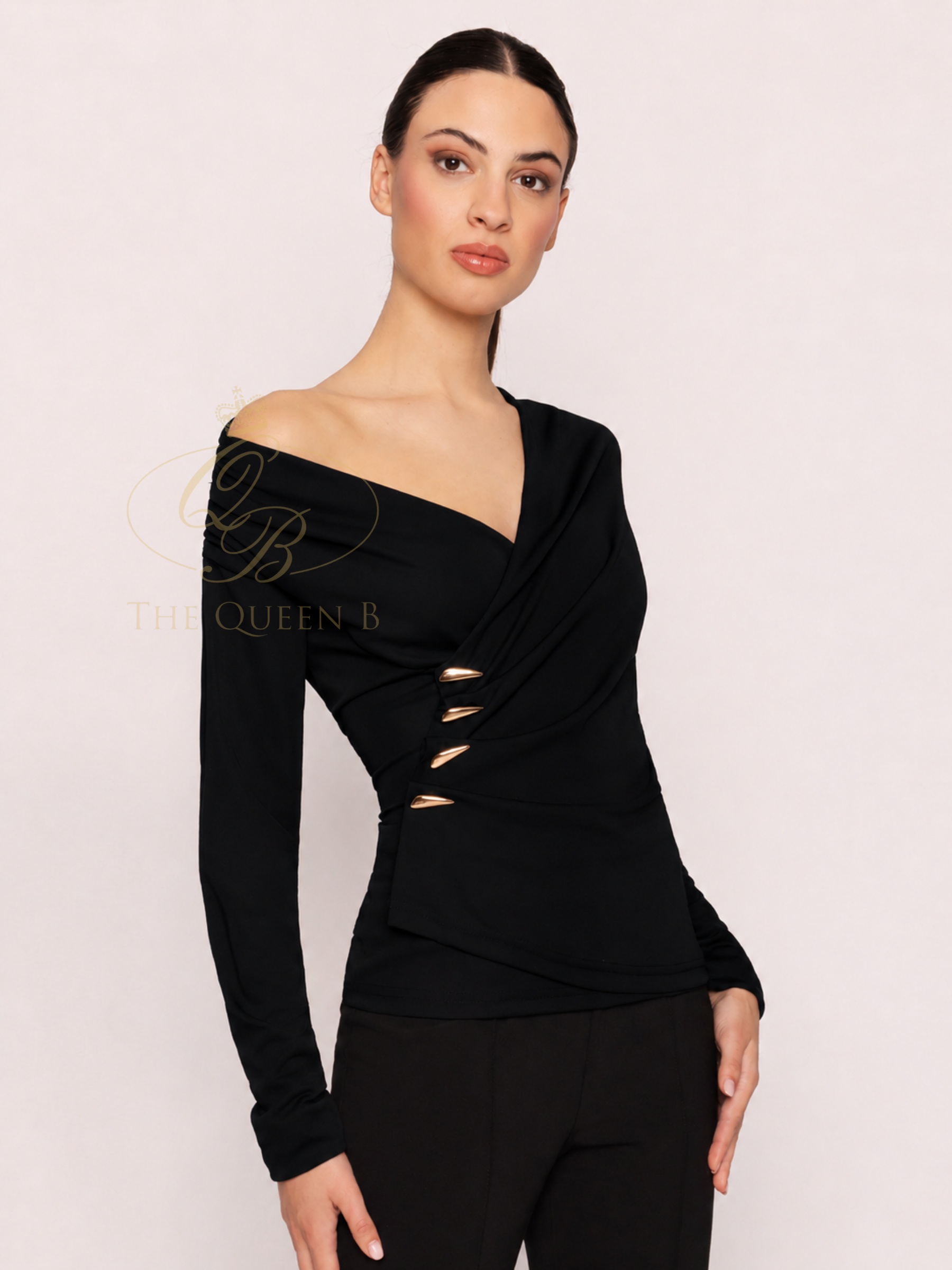 Carla Ruiz 53009 Black T-Shirt with asymmetric neckline, long sleeves, draped front and gold-tone detail