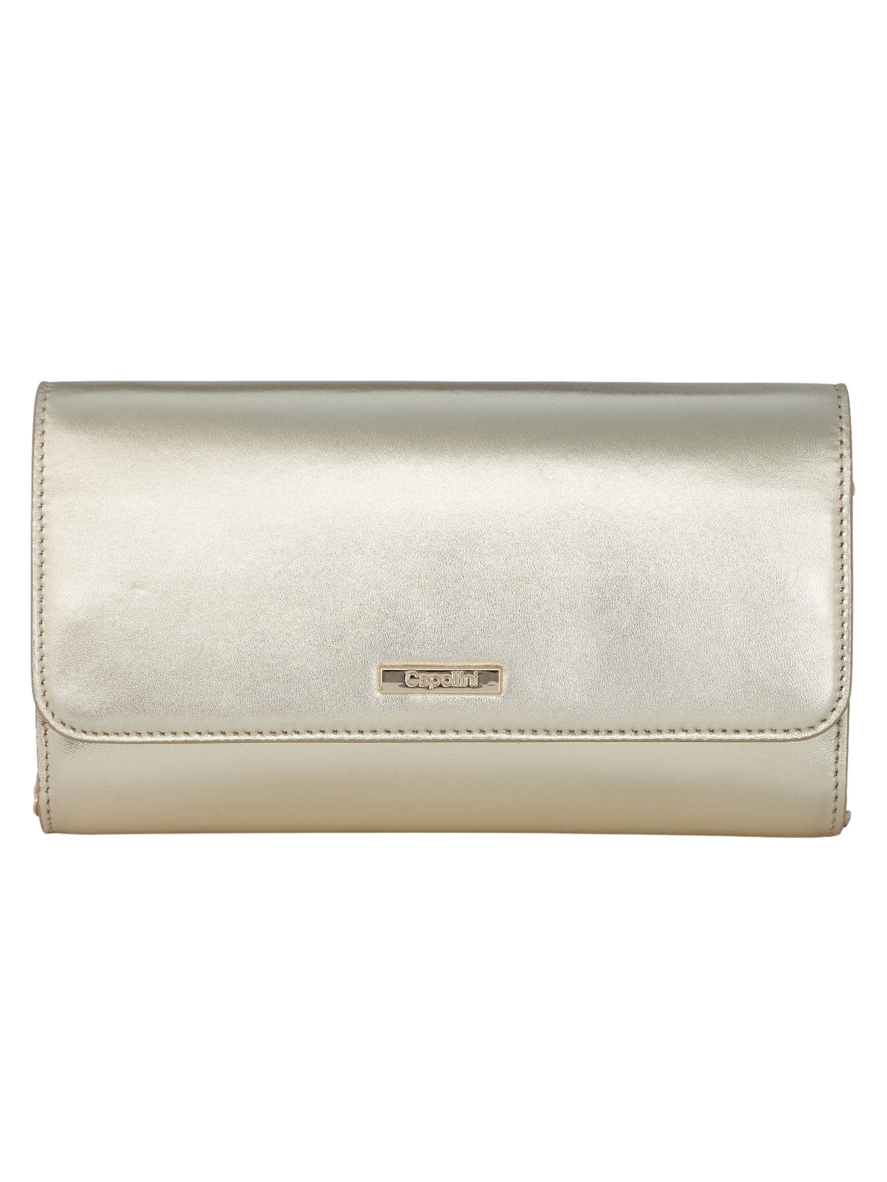 Capollini gold clutch bag with metallic finish, structured flap design and detachable gold chain strap.