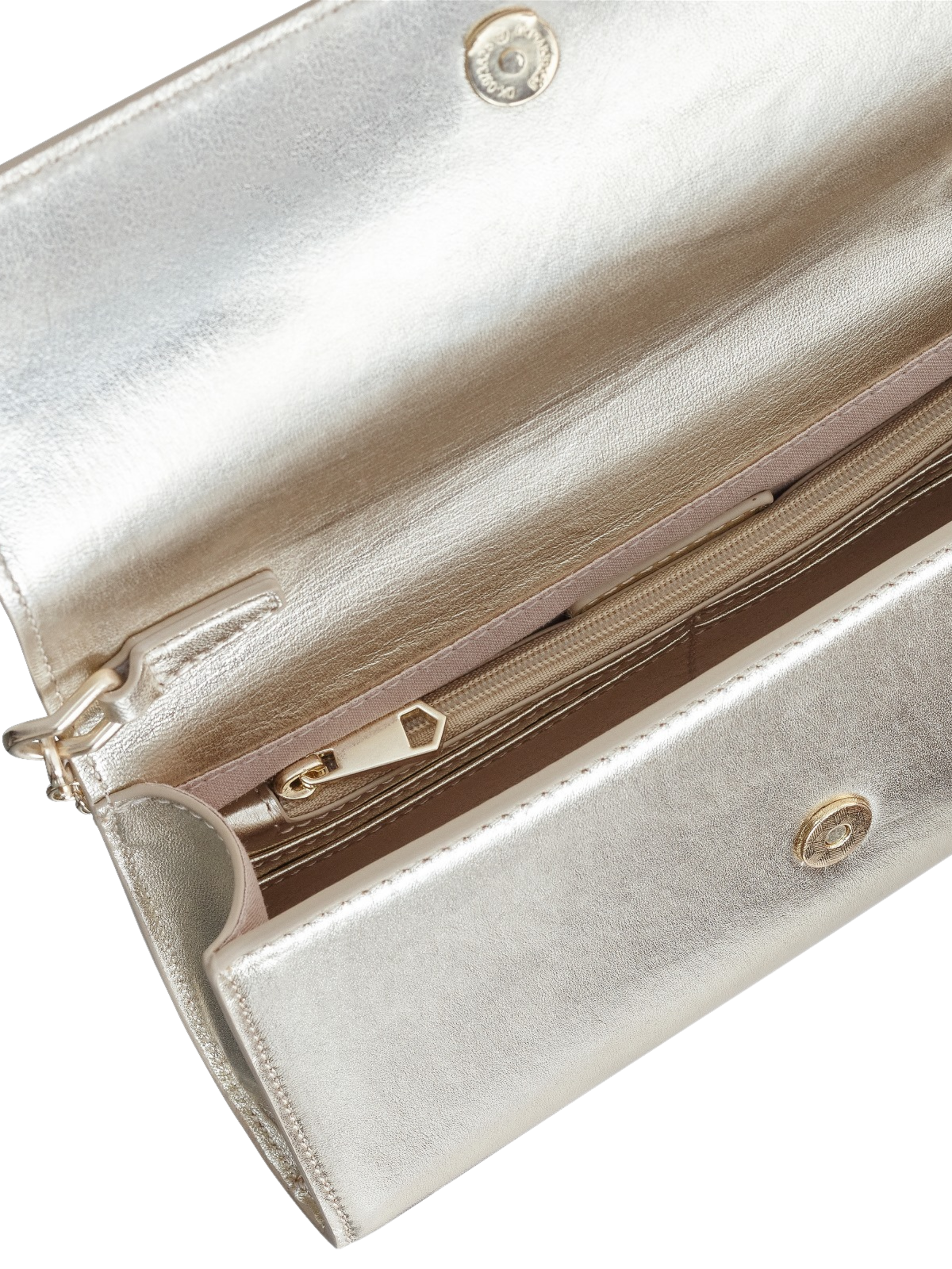 Capollini gold clutch bag with metallic finish, structured flap design and detachable gold chain strap.