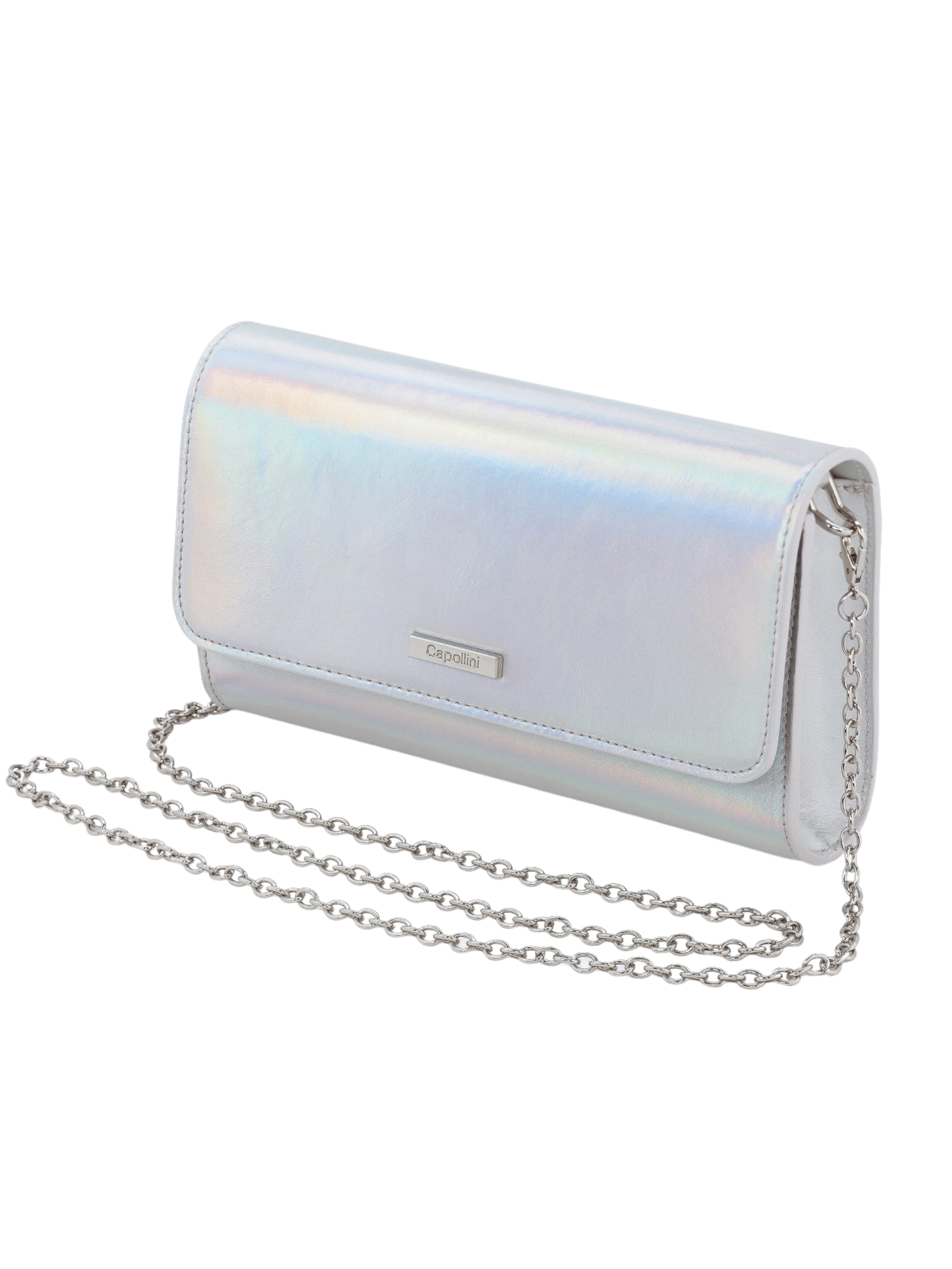 Capollini striped silver clutch bag with metallic striped finish, structured flap design and detachable silver chain strap.
