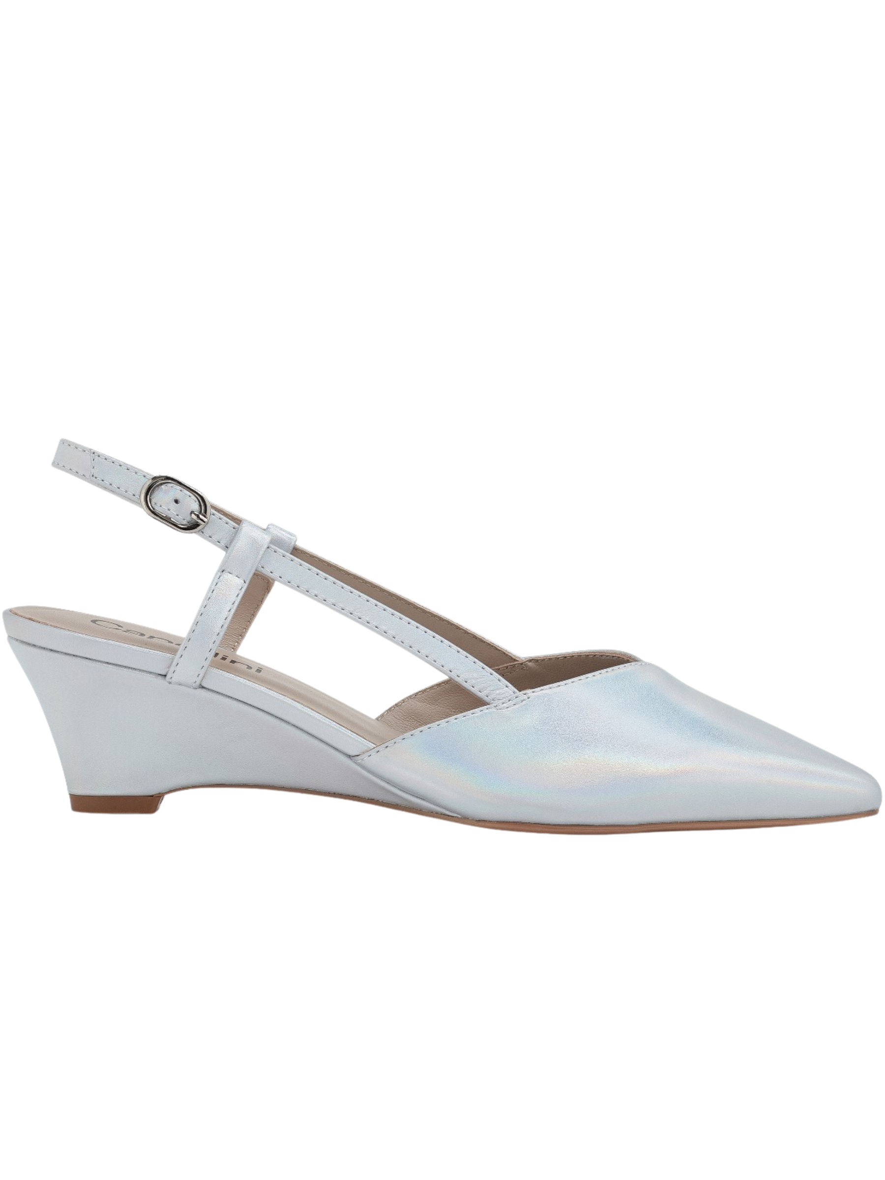 Capollini Lumi silver striped wedge slingback shoes with metallic finish, pointed toe and wedge heel.