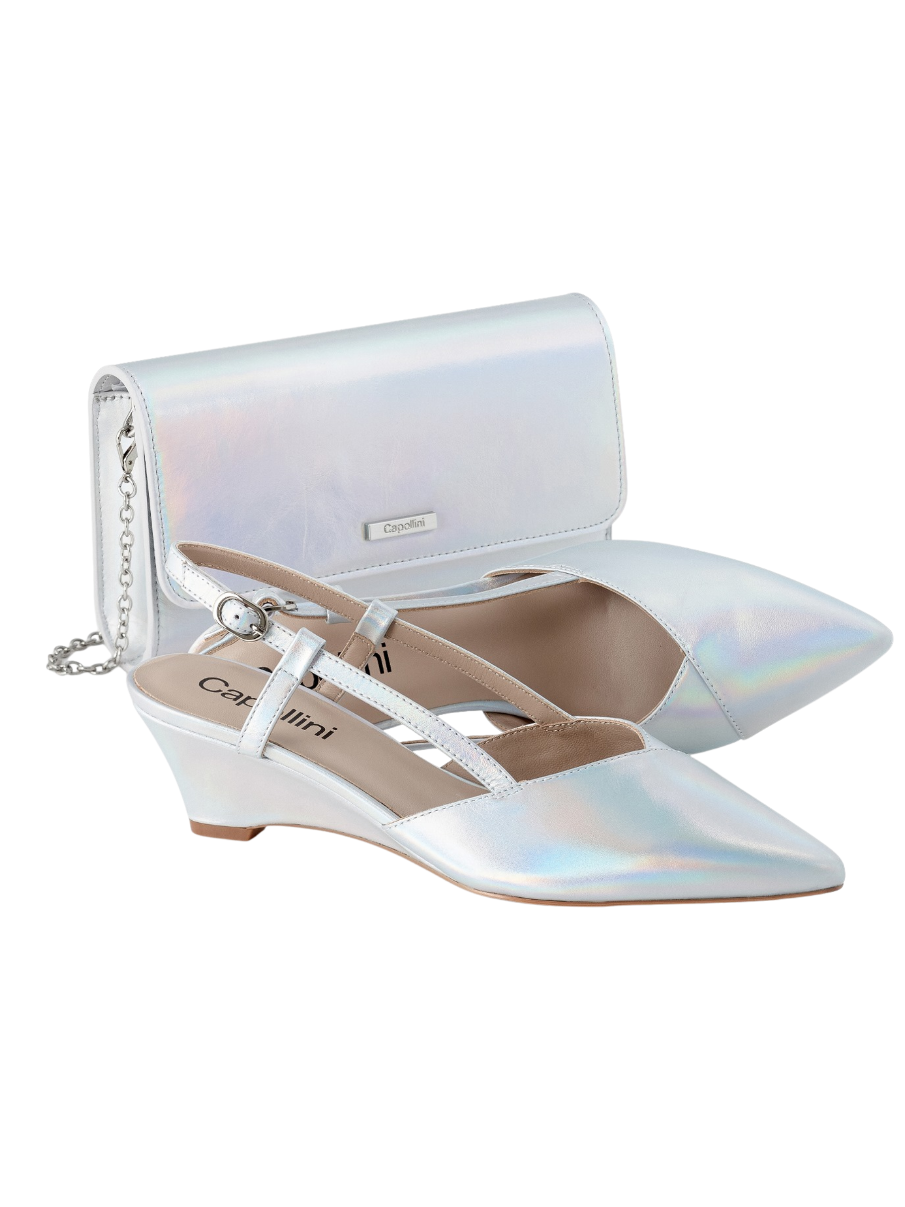 Capollini Lumi silver striped wedge slingback shoes with metallic finish, pointed toe and wedge heel.
