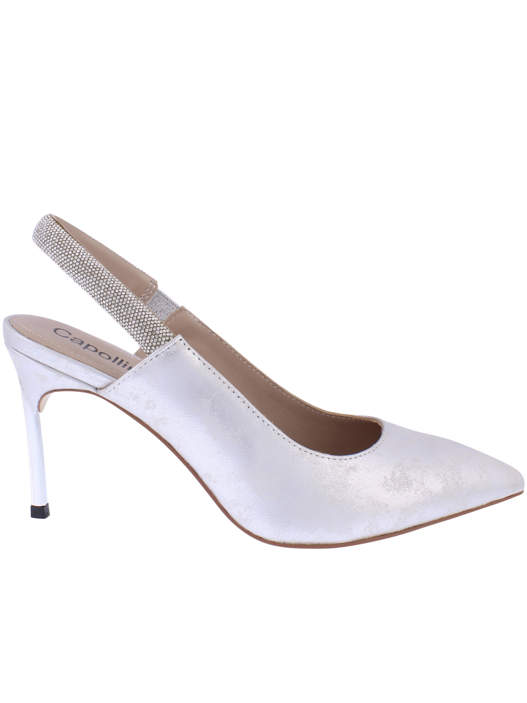 Capollini Sophia Silver Dia women’s slingback stiletto heels with pointed toe, silver finish and diamanté slingback strap.