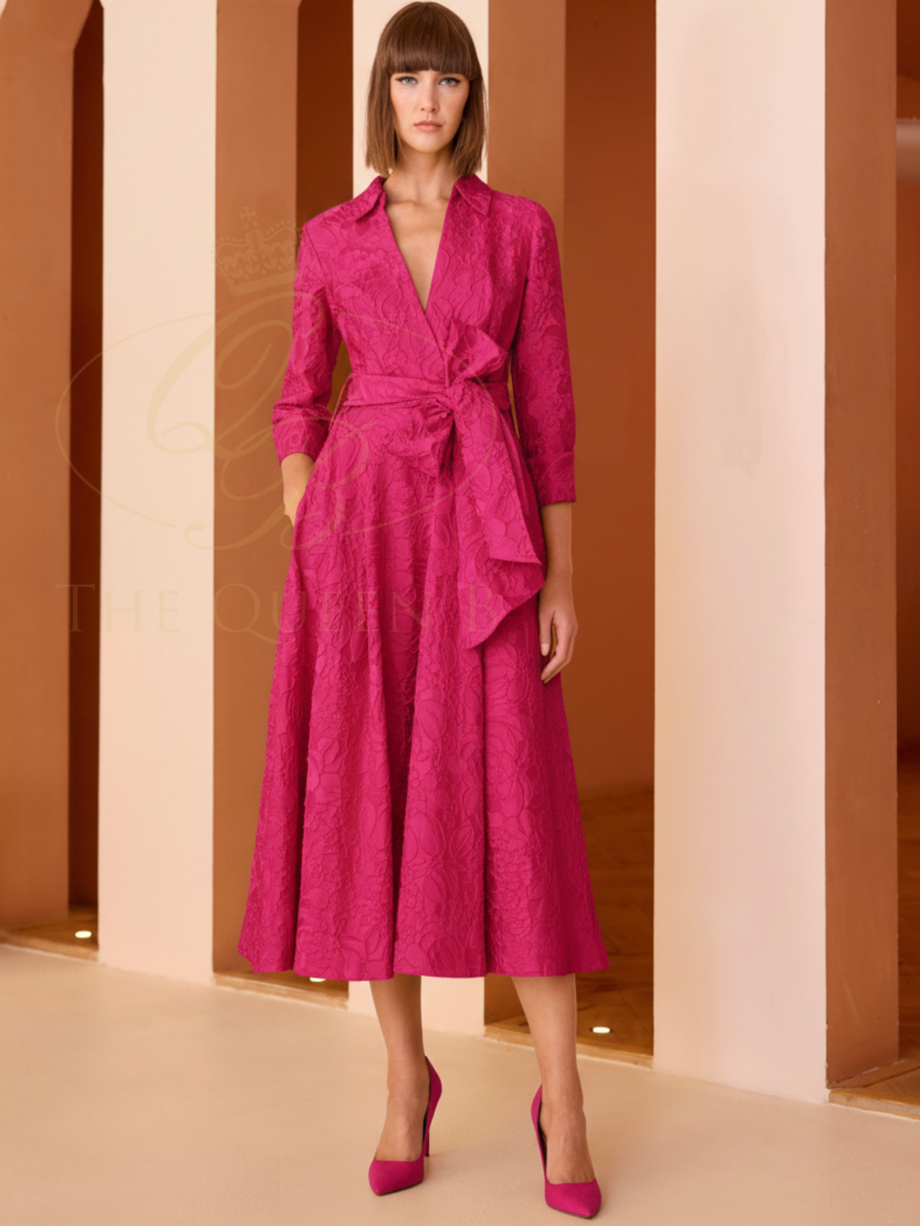 Carla Ruiz 52527 Fuchsia Dress with jacquard texture, wrap-effect waist tie and full A-line midi skirt.
