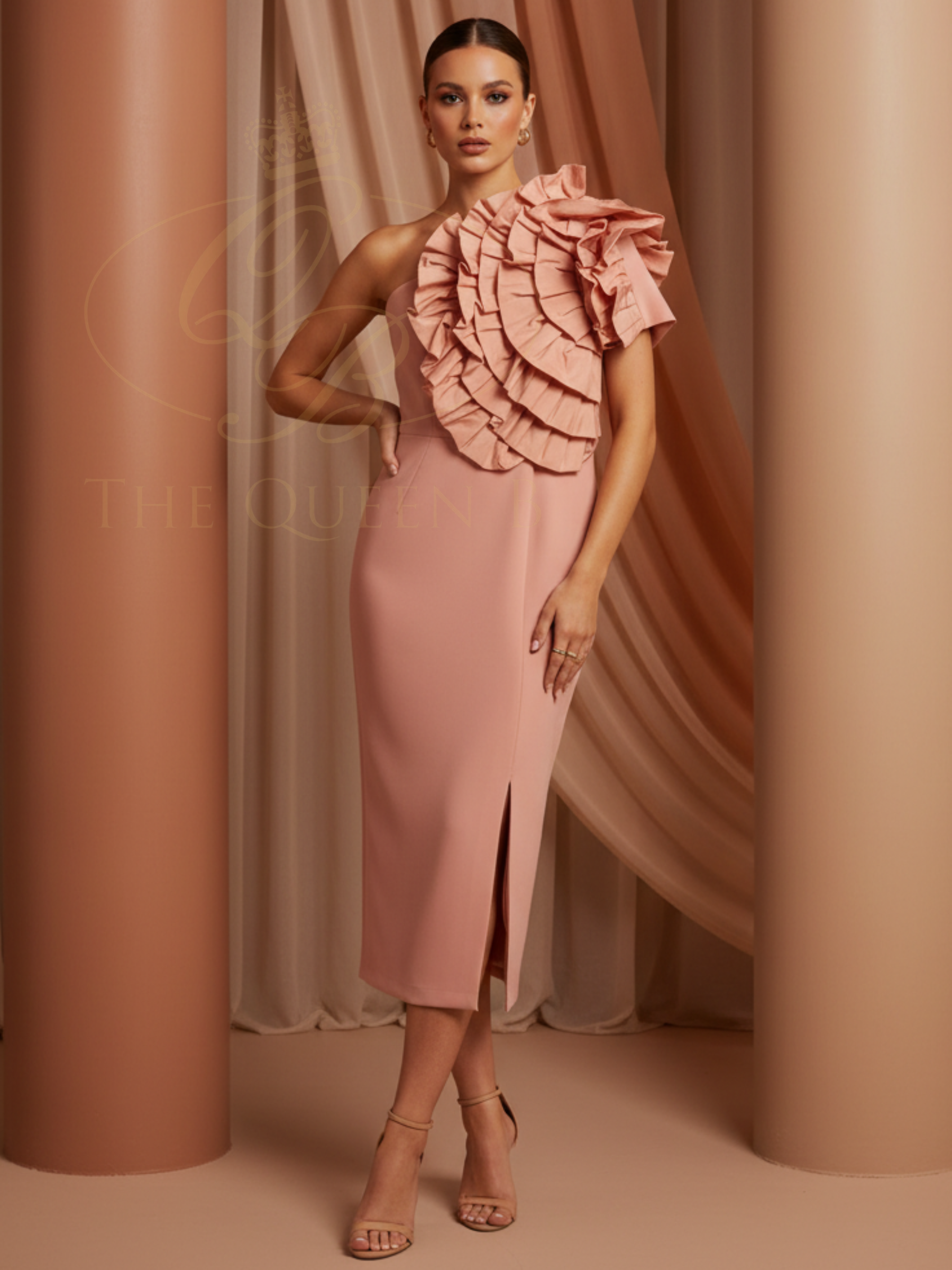 Carla Ruiz 52602 salmon one-shoulder sheath dress with statement ruffle detail and midi length.