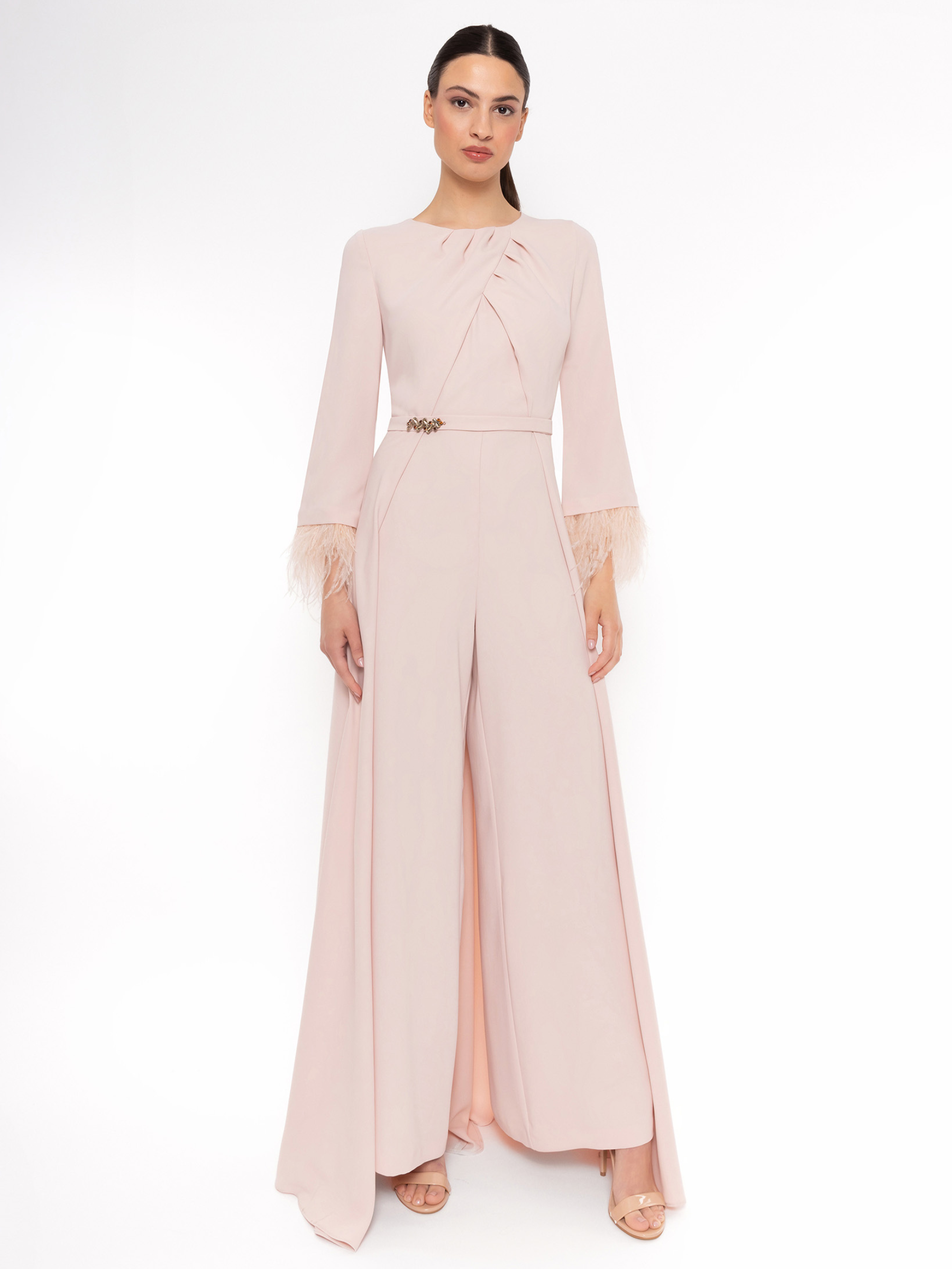Carla Ruiz 52628 Nude jumpsuit with pleated neckline, feather trim cuffs and wide-leg trousers.