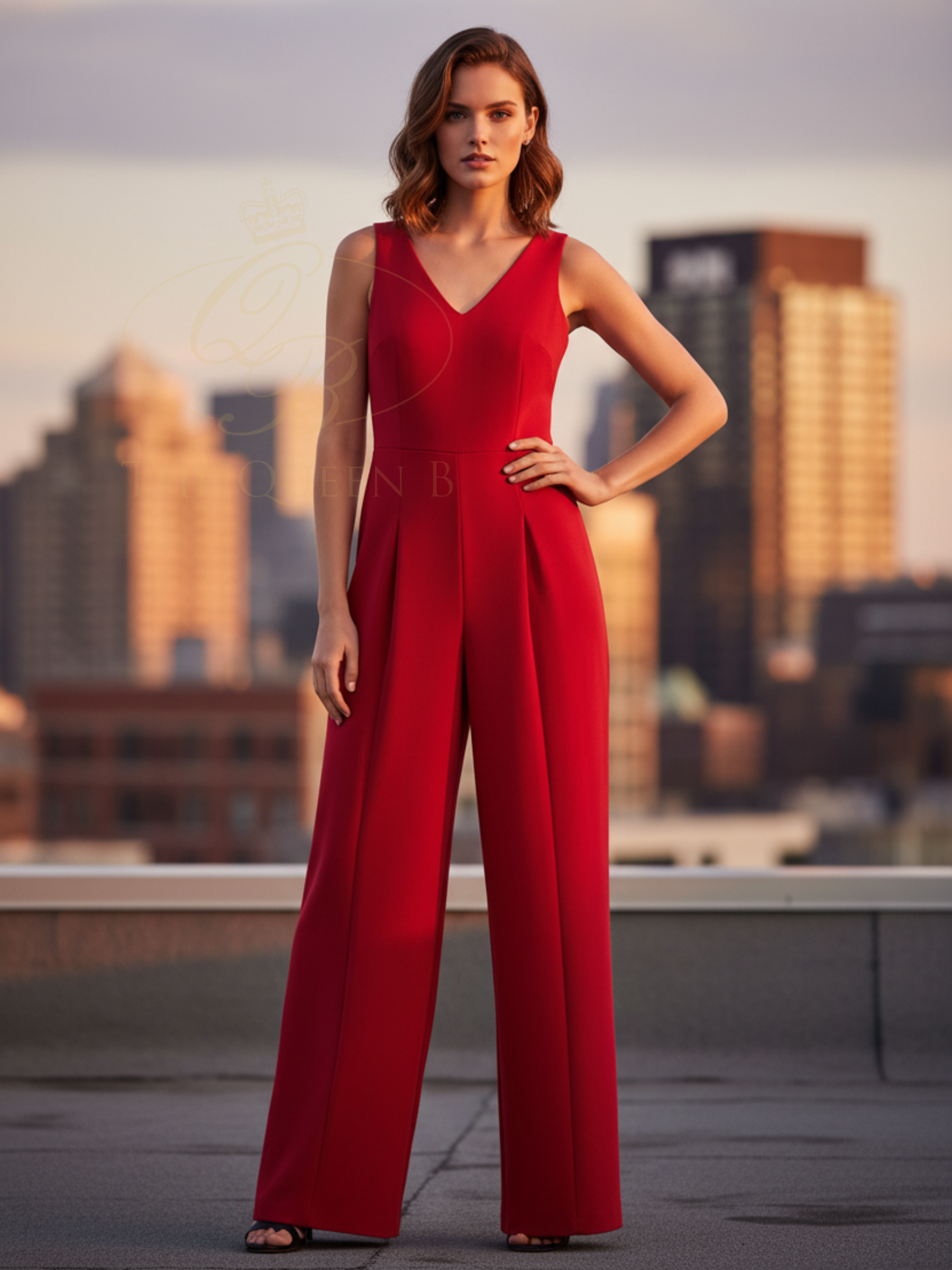 Carla Ruiz 52629 red jumpsuit with sleeveless V-neck bodice, floral waist detail and wide-leg trousers.
